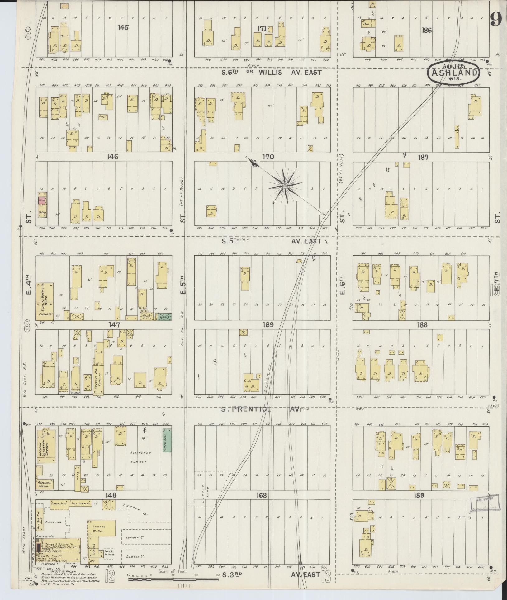 Sanborn Fire Insurance Map from Ashland, Ashland County, Wisconsin (1895), Sheet #0009 - Historic Sanborn Fire Insurance Map Print, vintage old map wall art, antique decor, genealogy gift, Wisconsin Wisconsin map