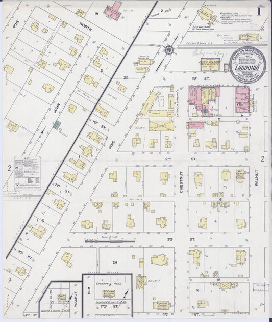 Sanborn Fire Insurance Map from Laddonia, Audrain County, Missouri (1909), Sheet #0001 - Historic Sanborn Fire Insurance Map Print, vintage old map wall art, antique decor, genealogy gift, Missouri Missouri map