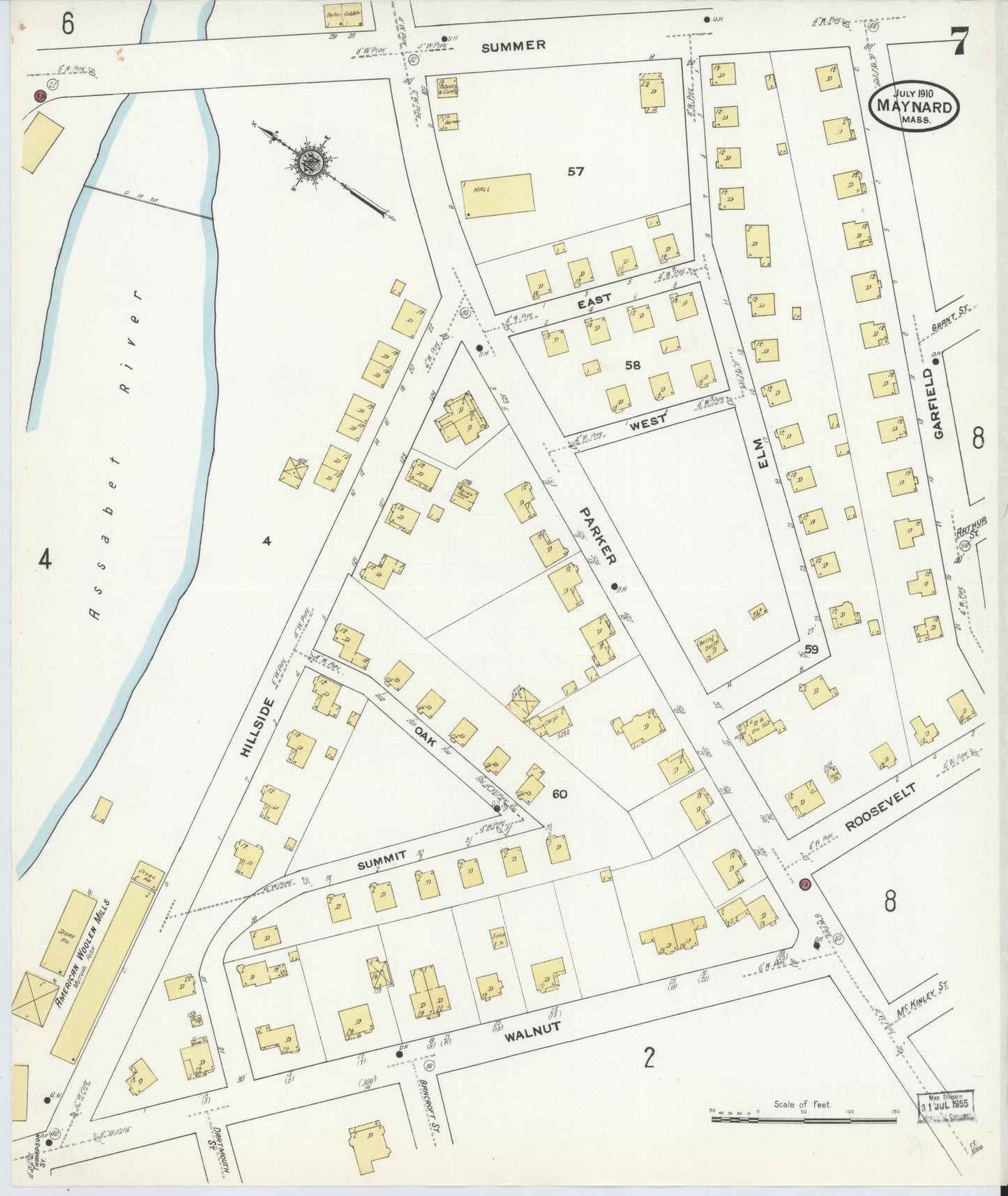 Sanborn Fire Insurance Map from Maynard, Middlesex County, Massachusetts (1910), Sheet #0007 - Historic Sanborn Fire Insurance Map Print, vintage old map wall art, antique decor, genealogy gift, Massachusetts Massachusetts map