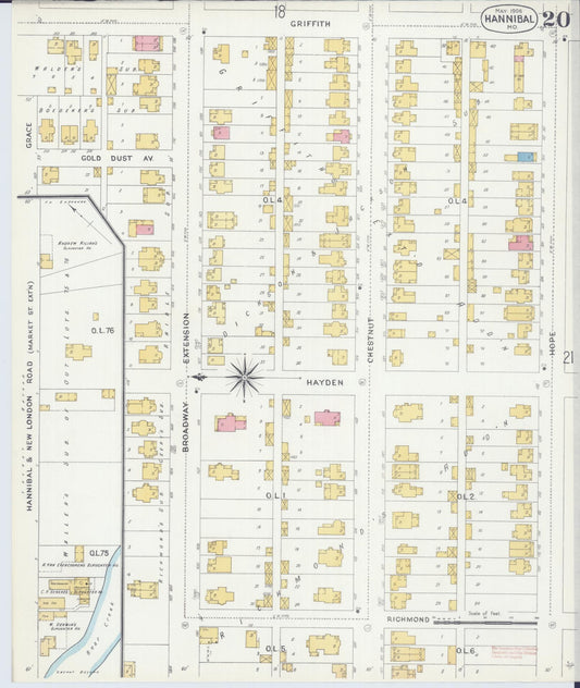 Sanborn Fire Insurance Map from Hannibal, Marion County, Missouri (1906), Sheet #0020 - Historic Sanborn Fire Insurance Map Print, vintage old map wall art, antique decor, genealogy gift, Missouri Missouri map