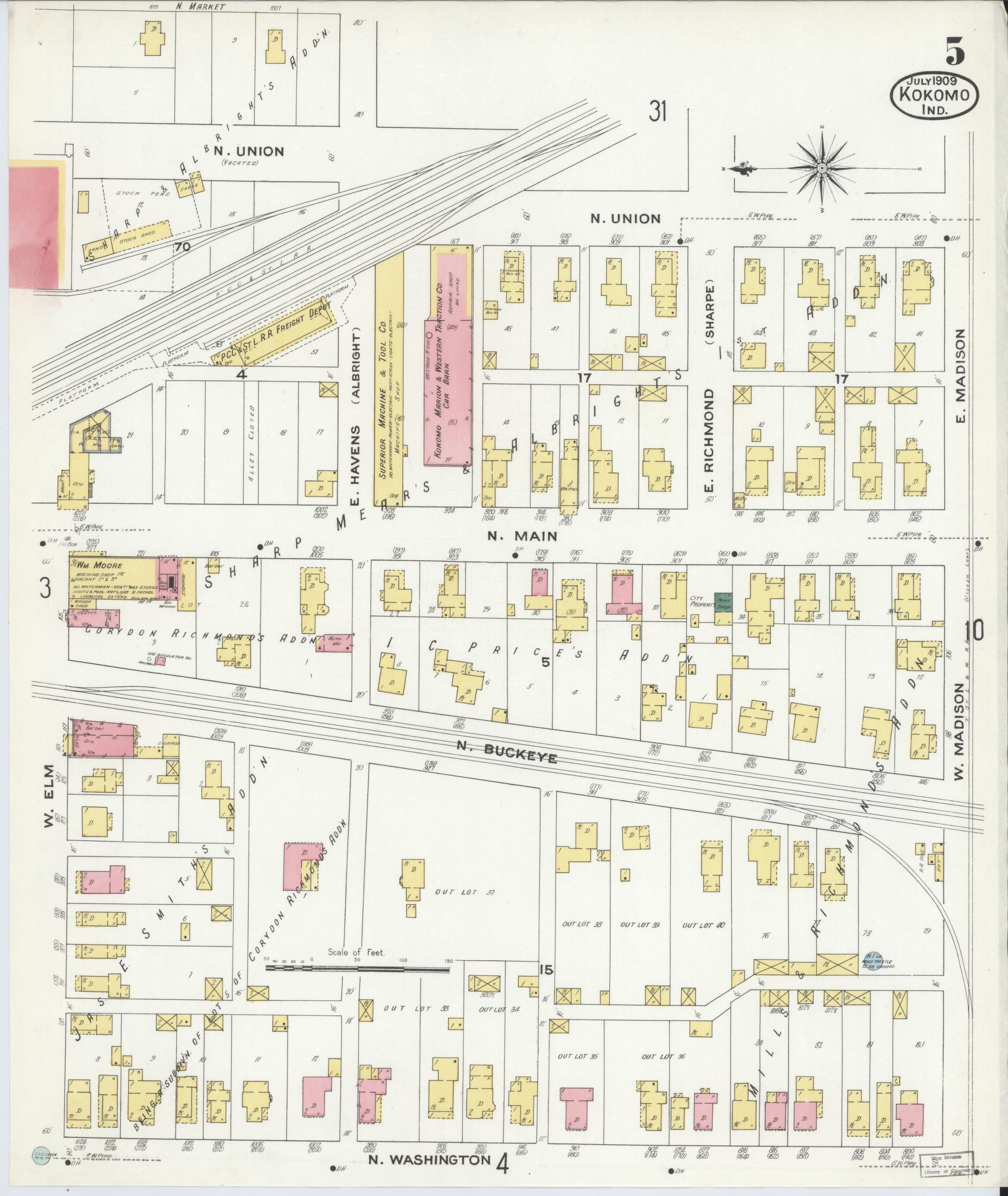 Sanborn Fire Insurance Map from Kokomo, Howard County, Indiana (1909), Sheet #0005 - Historic Sanborn Fire Insurance Map Print, vintage old map wall art, antique decor, genealogy gift, Indiana Indiana map