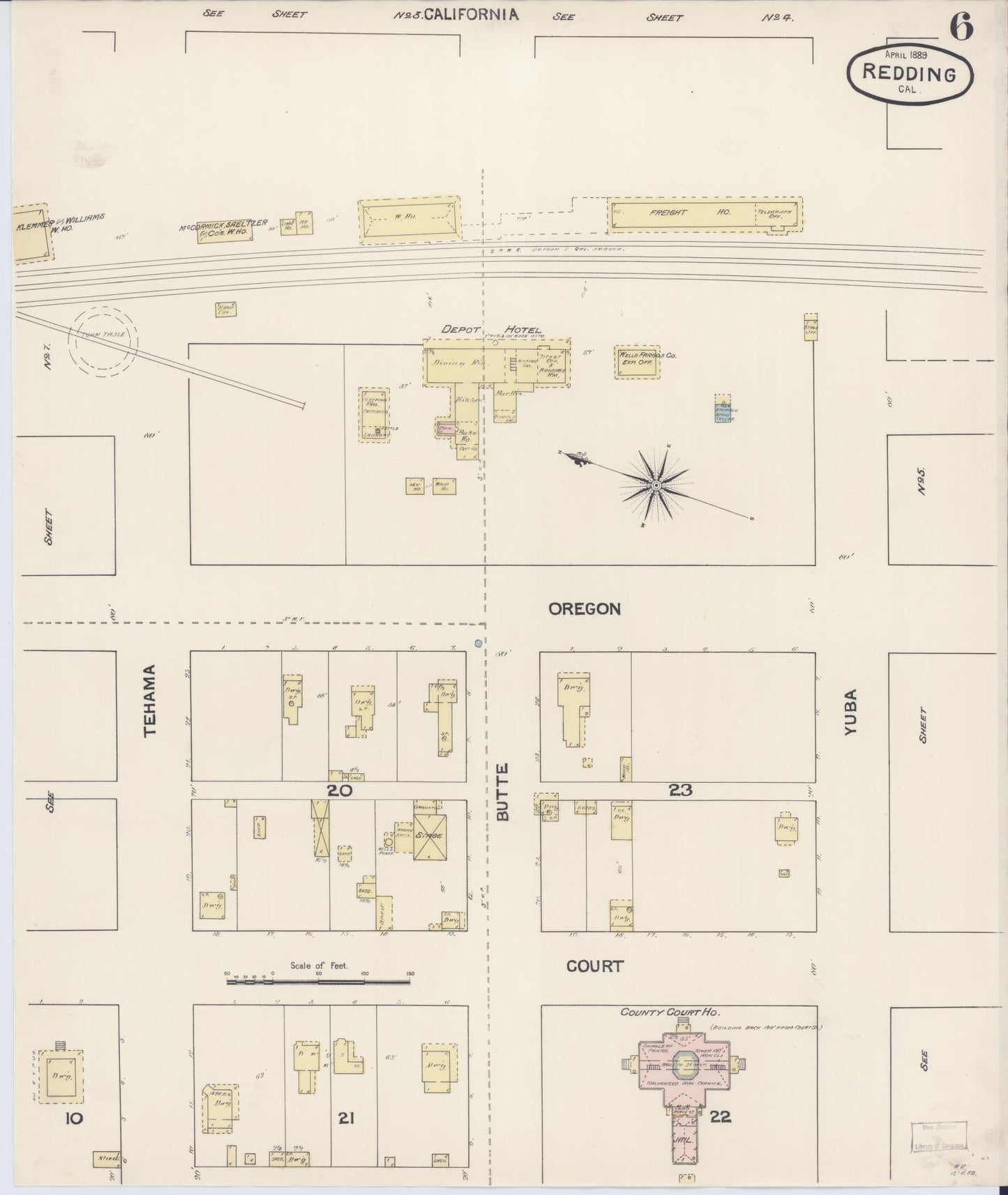 Sanborn Fire Insurance Map from Redding, Shasta County, California (1889), Sheet #0006 - Complete Map Set gallery image, historic Sanborn map, vintage wall art, California California