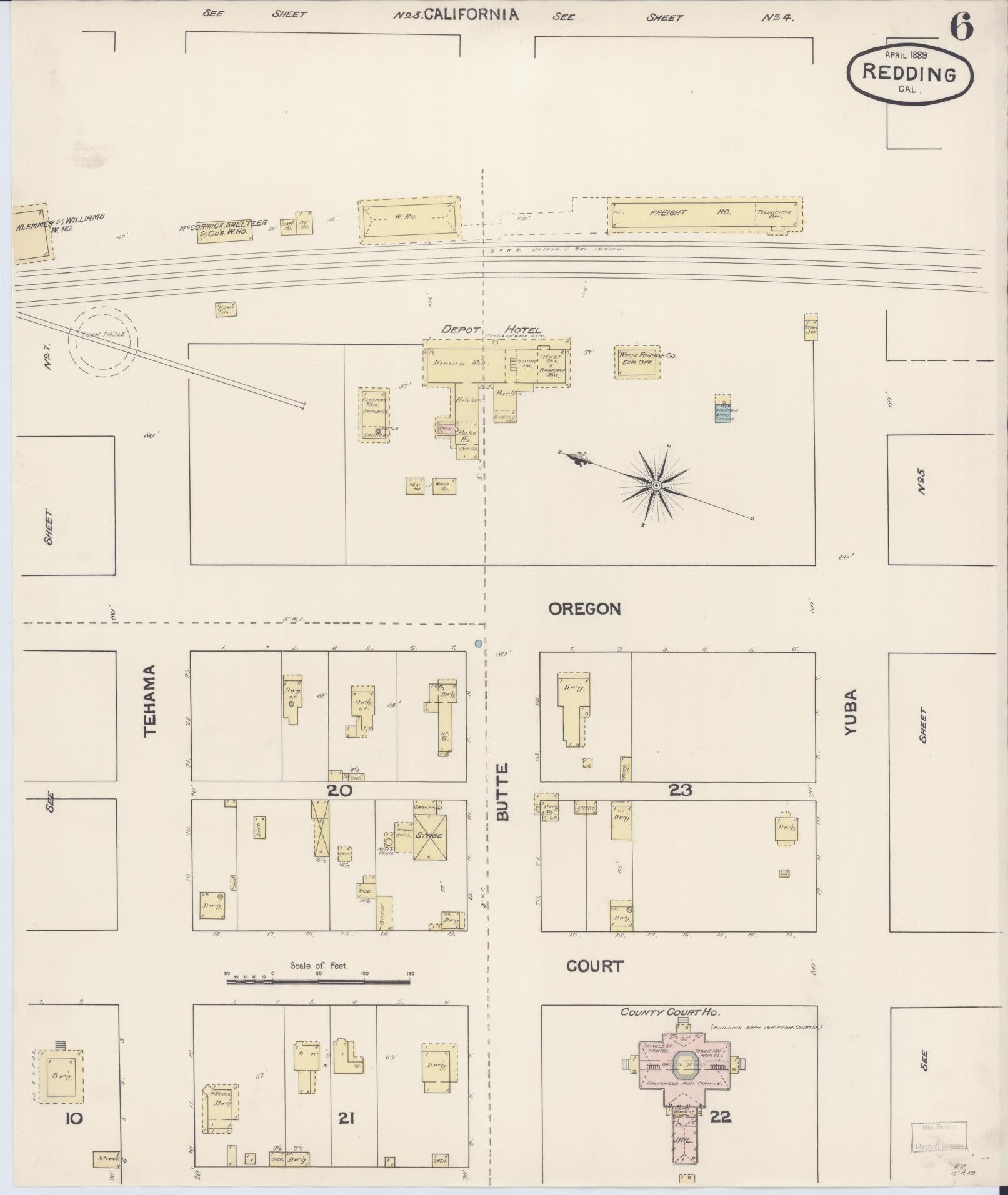 Sanborn Fire Insurance Map from Redding, Shasta County, California (1889), Sheet #0006 - Complete Map Set gallery image, historic Sanborn map, vintage wall art, California California