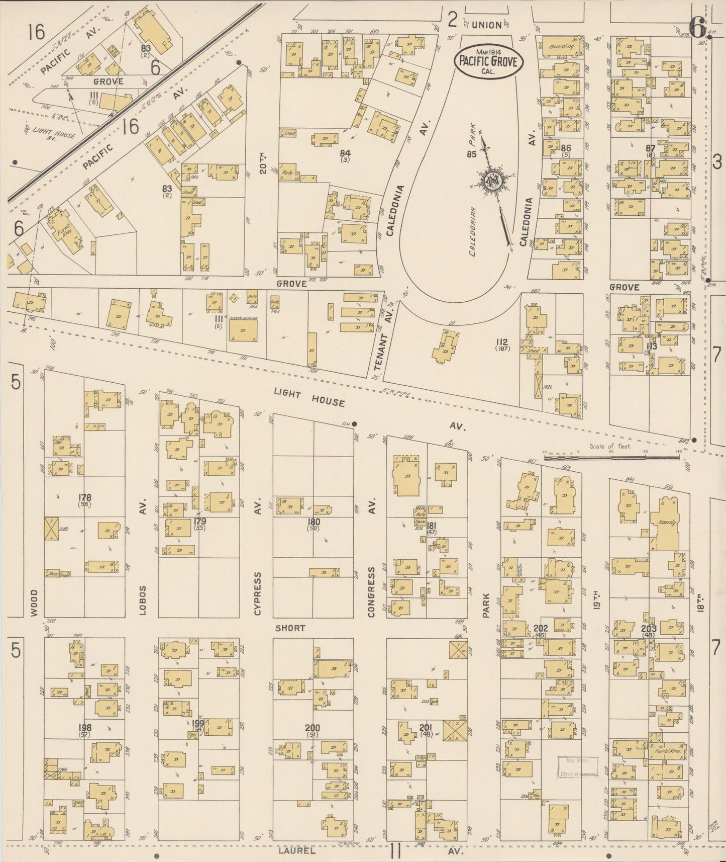 Sanborn Fire Insurance Map from Pacific Grove, Monterey County, California (1914), Sheet #0006 - Complete Map Set gallery image, historic Sanborn map, vintage wall art, California California