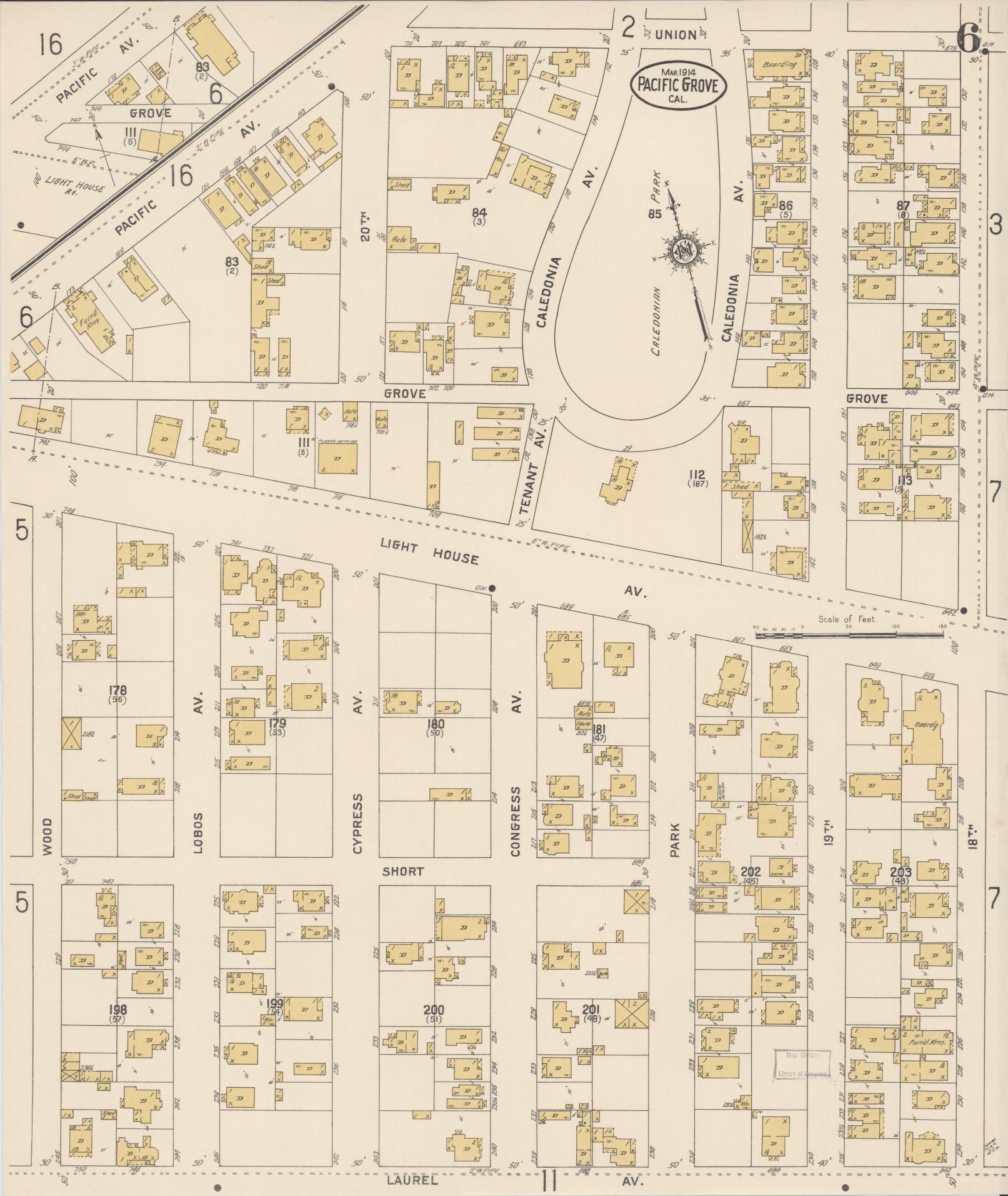 Sanborn Fire Insurance Map from Pacific Grove, Monterey County, California (1914), Sheet #0006 - Complete Map Set gallery image, historic Sanborn map, vintage wall art, California California