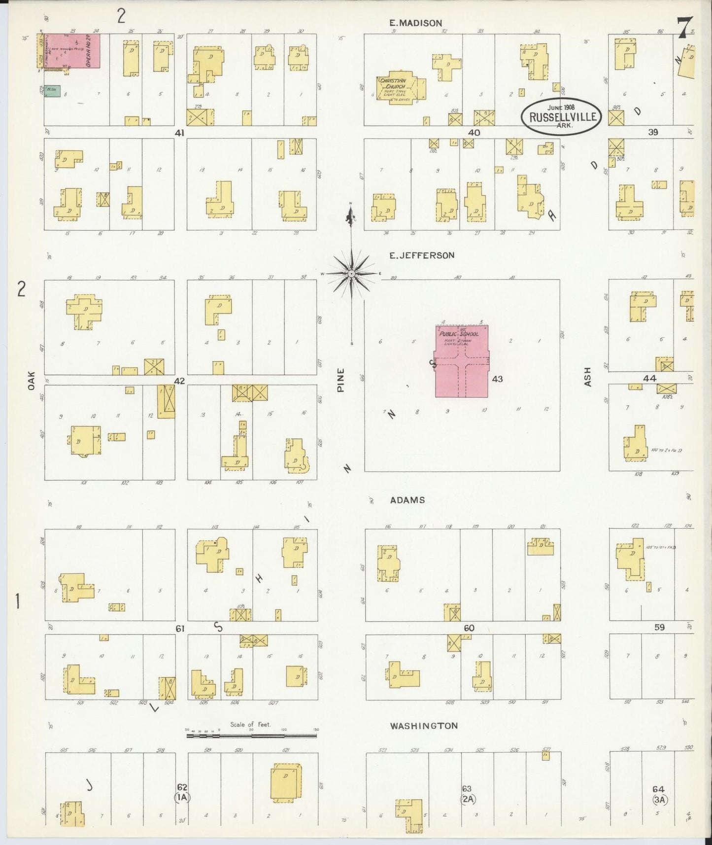 Sanborn Fire Insurance Map from Russellville, Pope County, Arkansas (1908), Sheet #0007 - Complete Map Set gallery image, historic Sanborn map, vintage wall art, Arkansas Arkansas