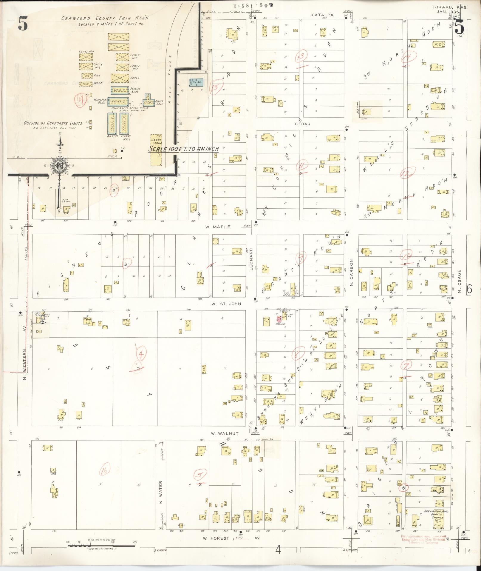 Sanborn Fire Insurance Map from Girard, Crawford County, Kansas (1943), Sheet #0005 - Historic Sanborn Fire Insurance Map Print, vintage old map wall art, antique decor, genealogy gift, Kansas Kansas map