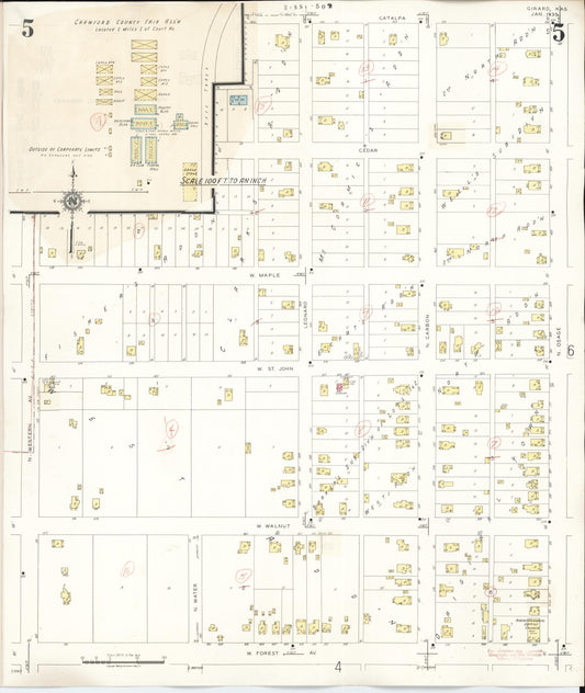 Sanborn Fire Insurance Map from Girard, Crawford County, Kansas (1943), Sheet #0005 - Historic Sanborn Fire Insurance Map Print, vintage old map wall art, antique decor, genealogy gift, Kansas Kansas map
