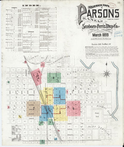 Sanborn Fire Insurance Map from Parsons, Labette County, Kansas (1899), Sheet #0001 - Complete Map Set gallery image, historic Sanborn map, vintage wall art, Kansas Kansas