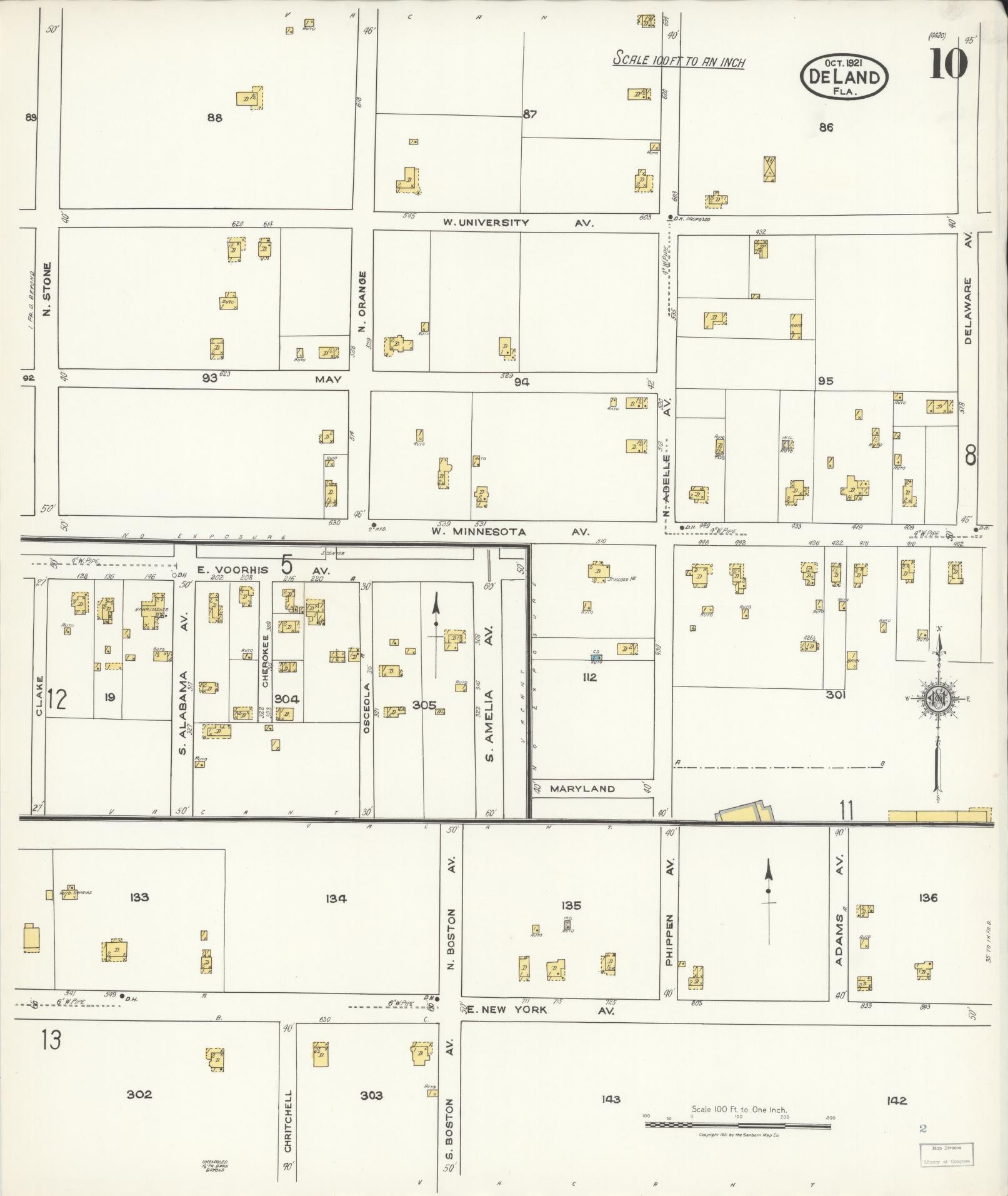 Sanborn Fire Insurance Map from De Land, Volusia County, Florida (1921), Sheet #0010 - Complete Map Set gallery image, historic Sanborn map, vintage wall art, Florida Florida