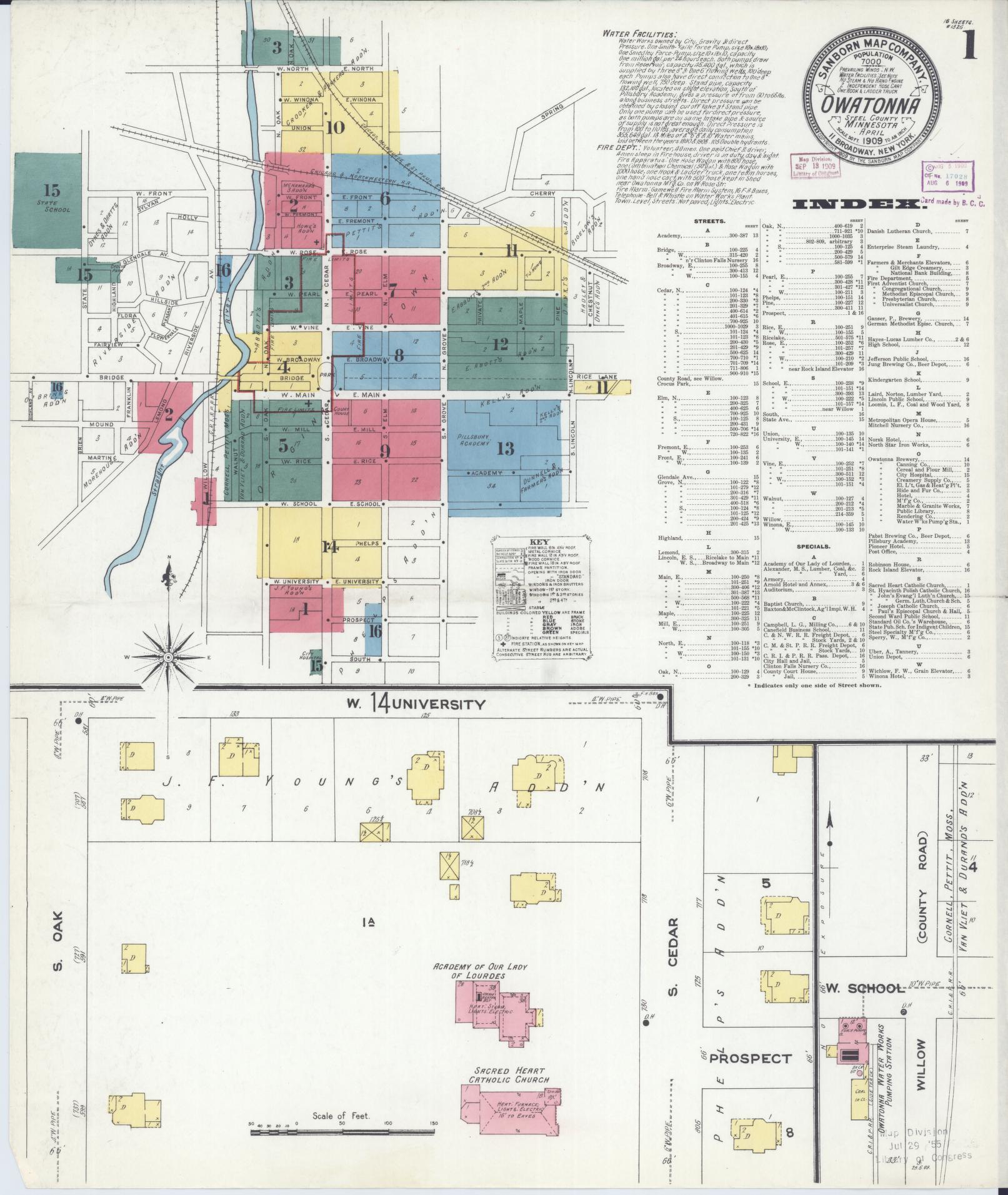 Sanborn Fire Insurance Map from Owatonna, Steele County, Minnesota (1909), Sheet #0001 - Complete Map Set gallery image, historic Sanborn map, vintage wall art, Minnesota Minnesota
