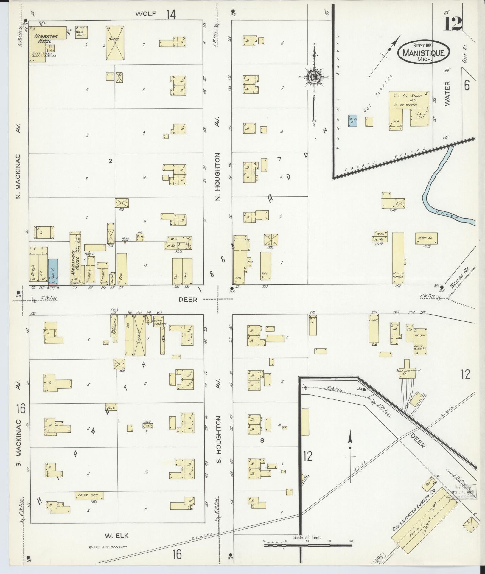 Sanborn Fire Insurance Map from Manistique, Schoolcraft County, Michigan (1914), Sheet #0012 - Complete Map Set gallery image, historic Sanborn map, vintage wall art, Michigan Michigan