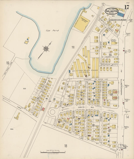 Sanborn Fire Insurance Map from Arlington, Middlesex County, Massachusetts (1922), Sheet #0017 - Historic Sanborn Fire Insurance Map Print, vintage old map wall art, antique decor, genealogy gift, Massachusetts Massachusetts map