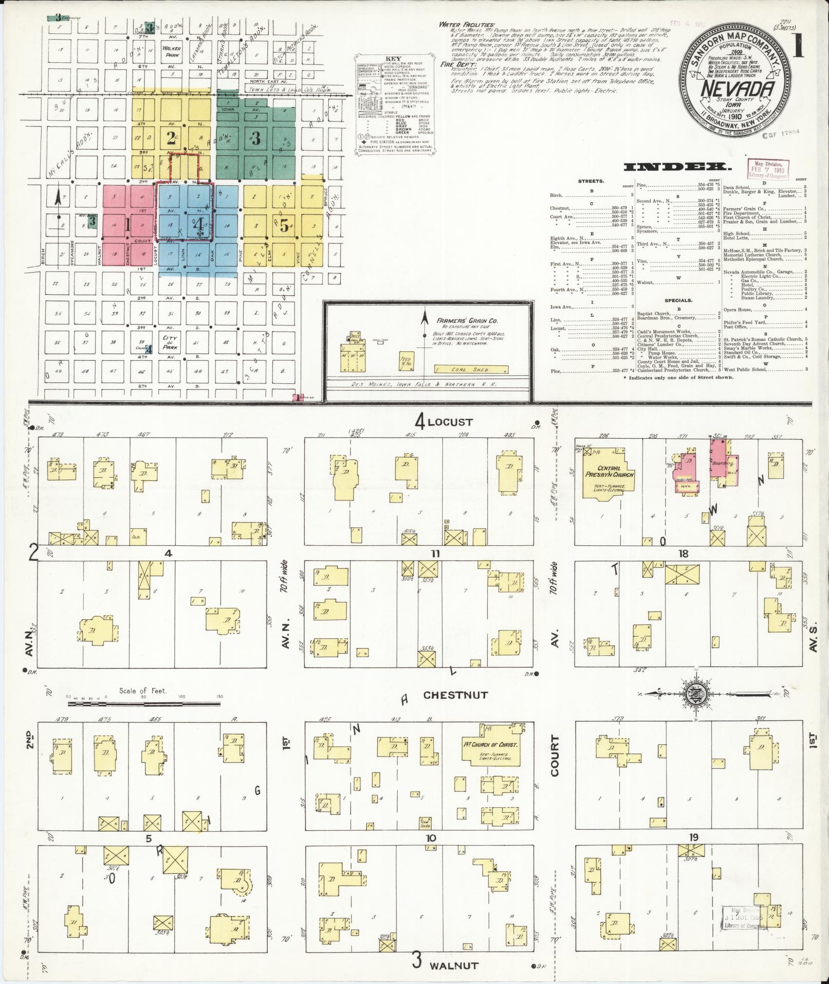 Sanborn Fire Insurance Map from Nevada, Story County, Iowa (1910), Sheet #0001 - Historic Sanborn Fire Insurance Map Print, vintage old map wall art, antique decor, genealogy gift, Nevada Nevada map
