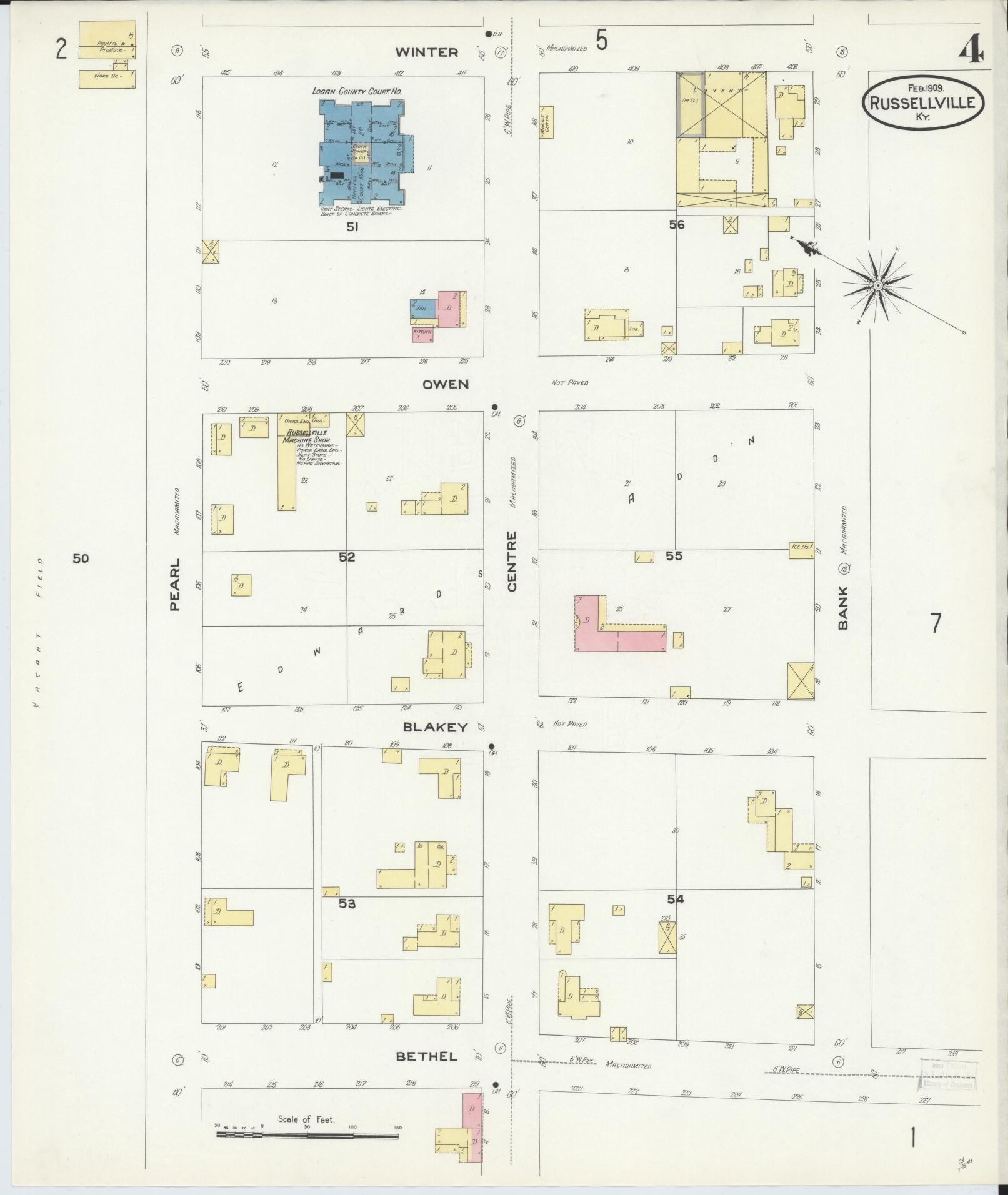 Sanborn Fire Insurance Map from Russellville, Logan County, Kentucky (1909), Sheet #0004 - Complete Map Set gallery image, historic Sanborn map, vintage wall art, Kentucky Kentucky