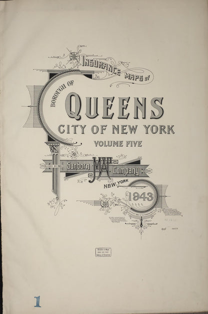 Sanborn Fire Insurance Map from Queens, Queens County, New York (1943), Sheet #0001 - Historic Sanborn Fire Insurance Map Print, vintage old map wall art, antique decor, genealogy gift, New York New York map