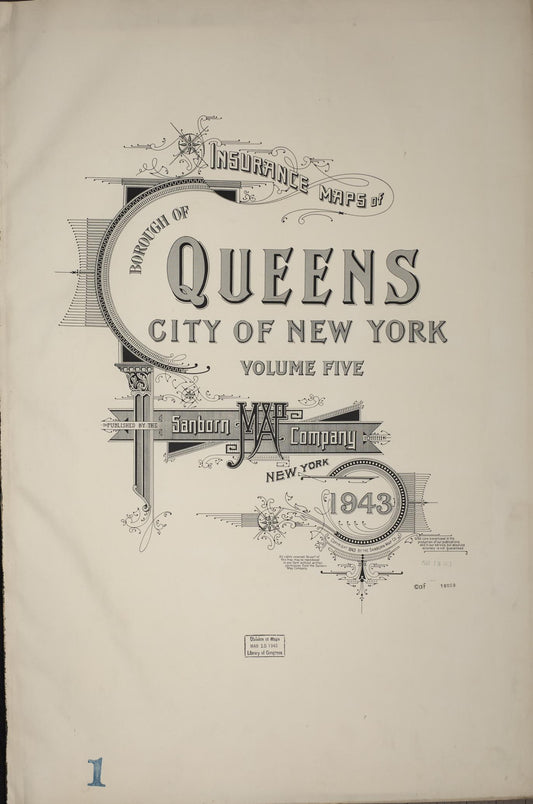 Sanborn Fire Insurance Map from Queens, Queens County, New York (1943), Sheet #0001 - Historic Sanborn Fire Insurance Map Print, vintage old map wall art, antique decor, genealogy gift, New York New York map