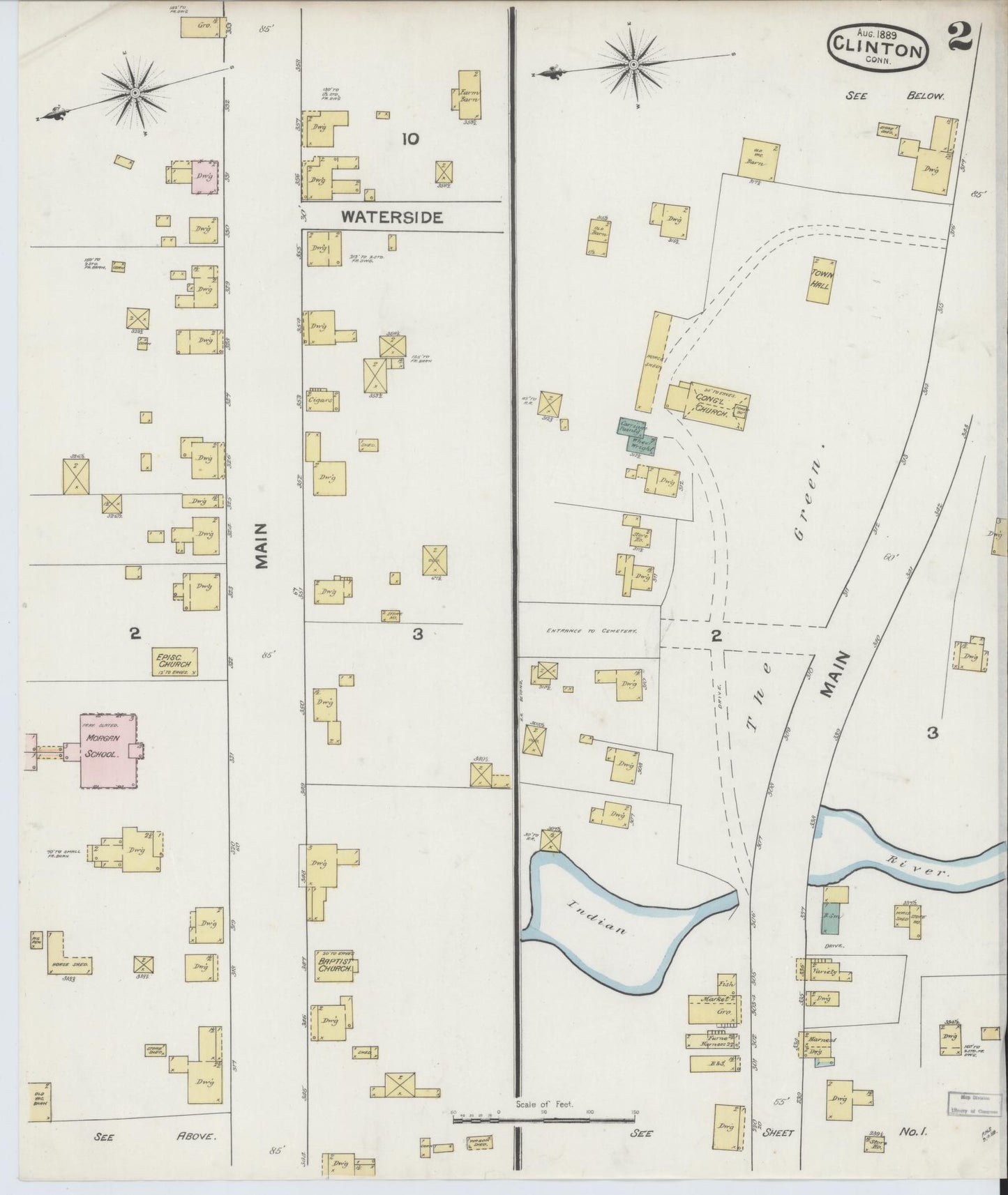 Sanborn Fire Insurance Map from Clinton, Middlesex County, Connecticut (1889), Sheet #0002 - Historic Sanborn Fire Insurance Map Print, vintage old map wall art, antique decor, genealogy gift, Connecticut Connecticut map