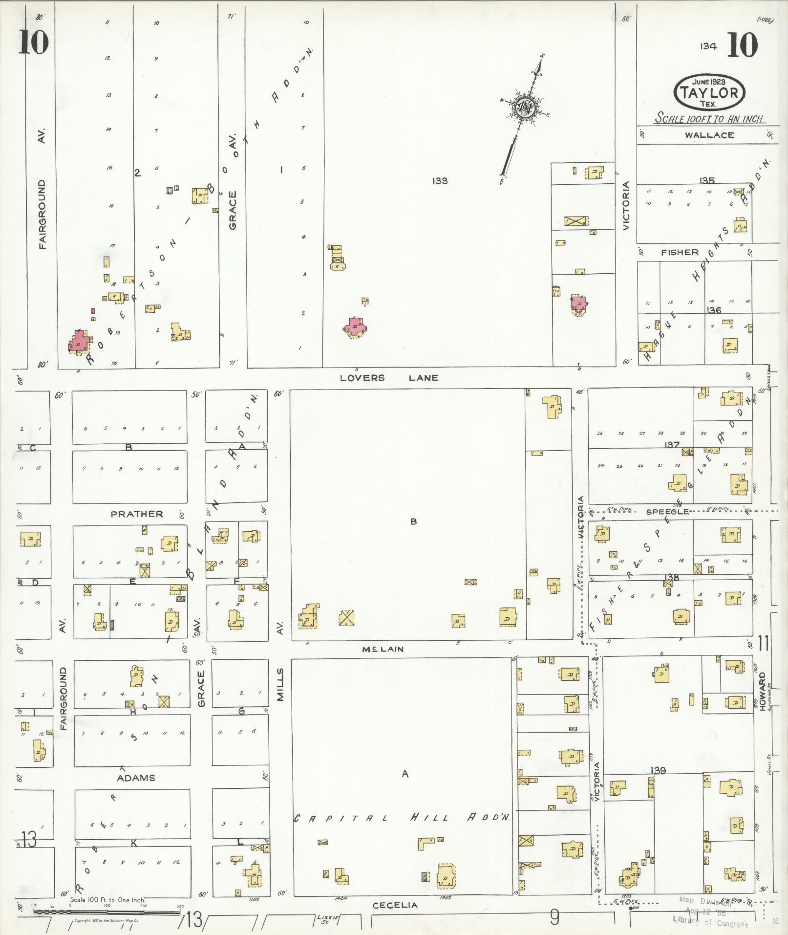 Sanborn Fire Insurance Map from Taylor, Williamson County, Texas (1923), Sheet #0010 - Complete Map Set gallery image, historic Sanborn map, vintage wall art, Texas Texas