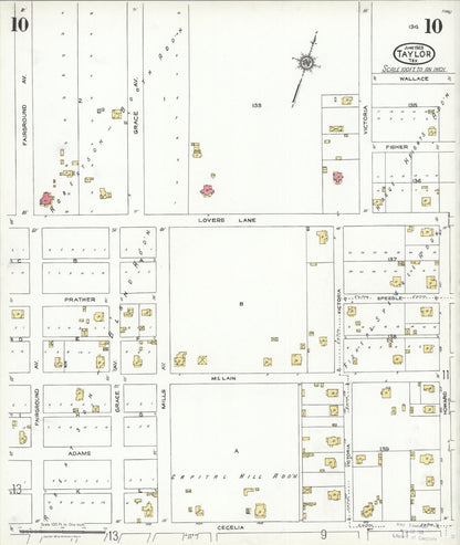 Sanborn Fire Insurance Map from Taylor, Williamson County, Texas (1923), Sheet #0010 - Complete Map Set gallery image, historic Sanborn map, vintage wall art, Texas Texas