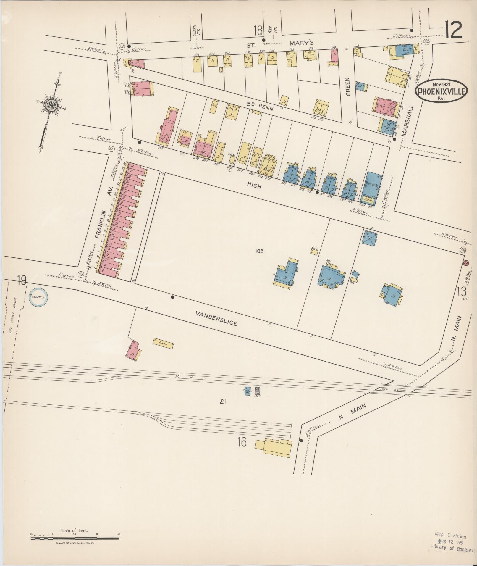 Sanborn Fire Insurance Map from Phoenixville, Chester County, Pennsylvania (1921), Sheet #0012 - Complete Map Set gallery image, historic Sanborn map, vintage wall art, Pennsylvania Pennsylvania