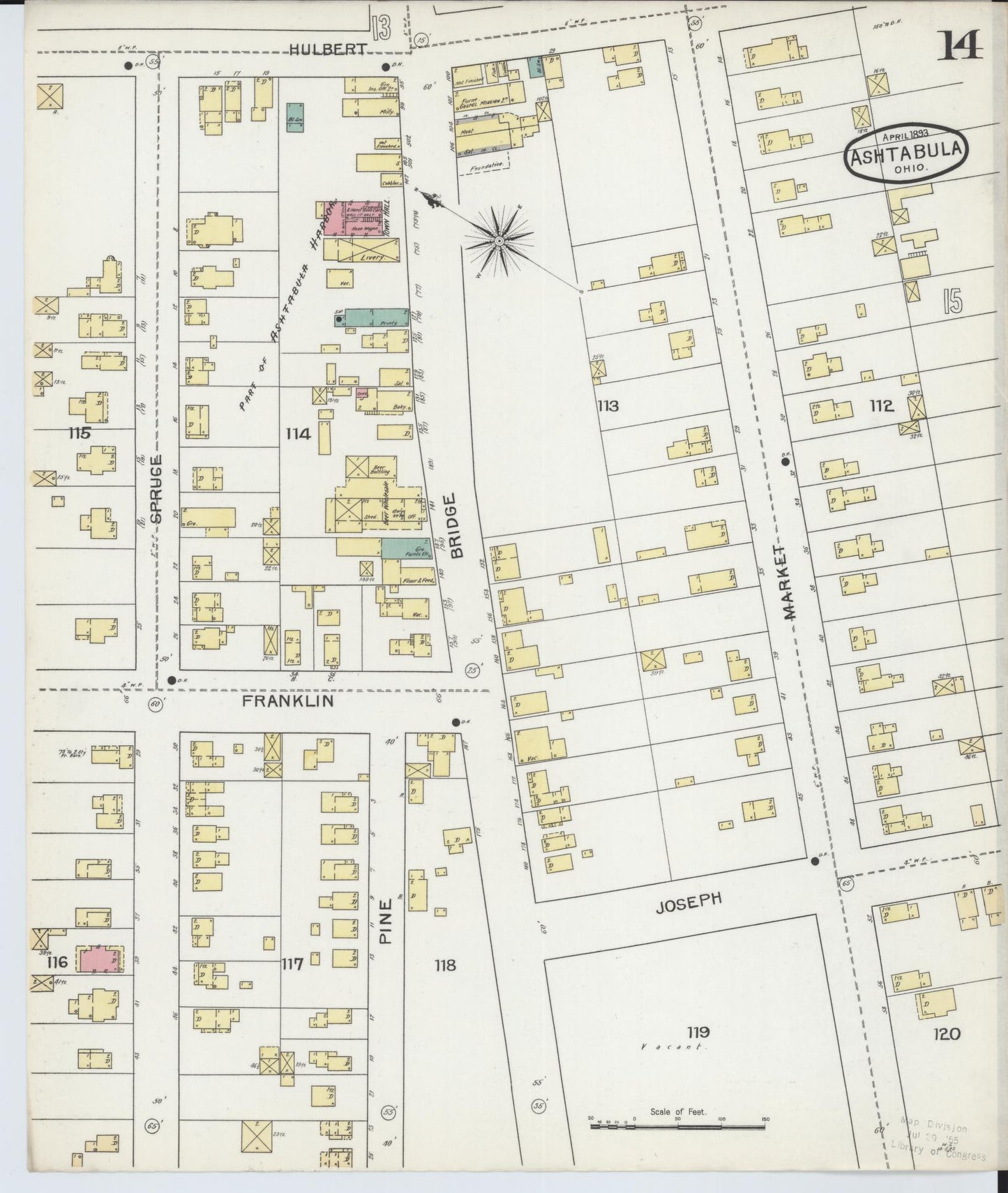 Sanborn Fire Insurance Map from Ashtabula, Ashtabula County, Ohio (1893), Sheet #0014 - Historic Sanborn Fire Insurance Map Print, vintage old map wall art, antique decor, genealogy gift, Ohio Ohio map