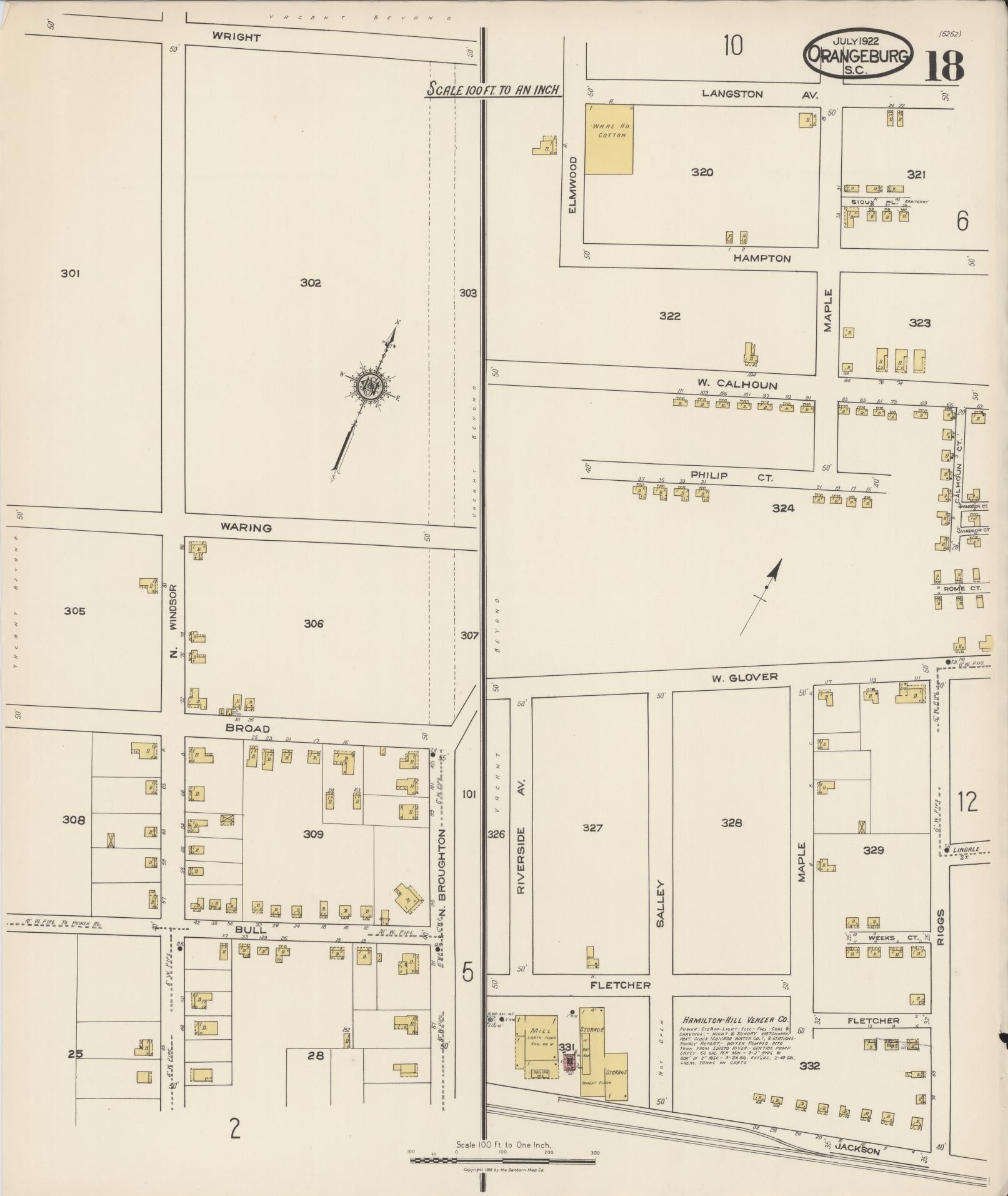 Sanborn Fire Insurance Map from Orangeburg, Orangeburg County, South Carolina (1922), Sheet #0018 - Complete Map Set gallery image, historic Sanborn map, vintage wall art, South Carolina South Carolina