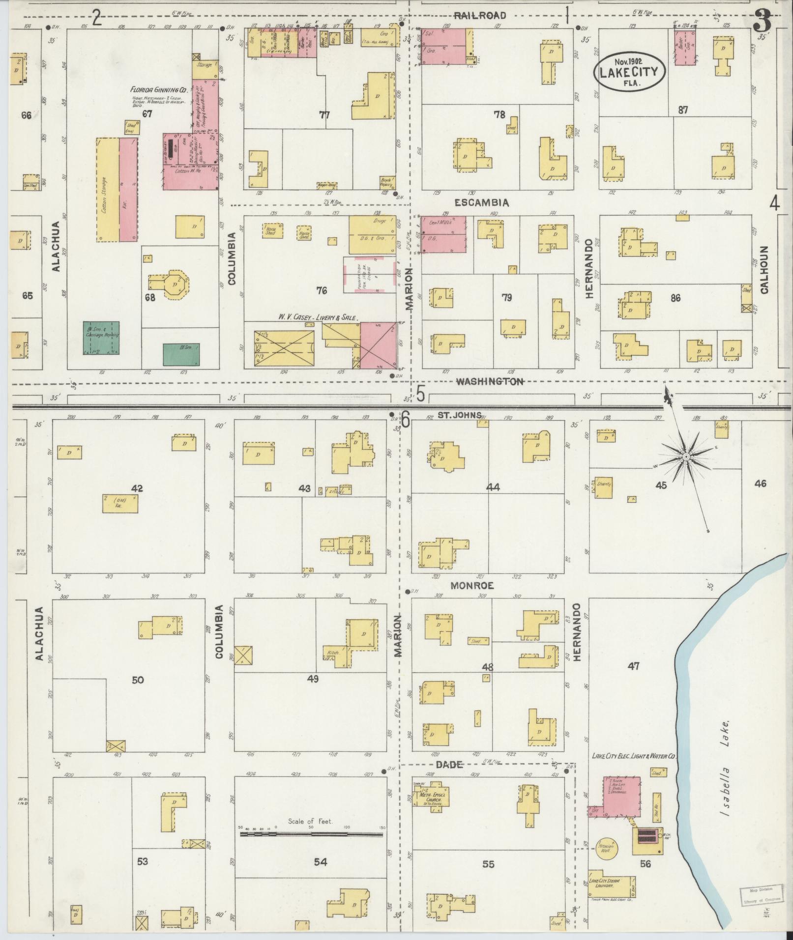 Sanborn Fire Insurance Map from Lake City, Columbia County, Florida (1902), Sheet #0003 - Historic Sanborn Fire Insurance Map Print, vintage old map wall art, antique decor, genealogy gift, Florida Florida map