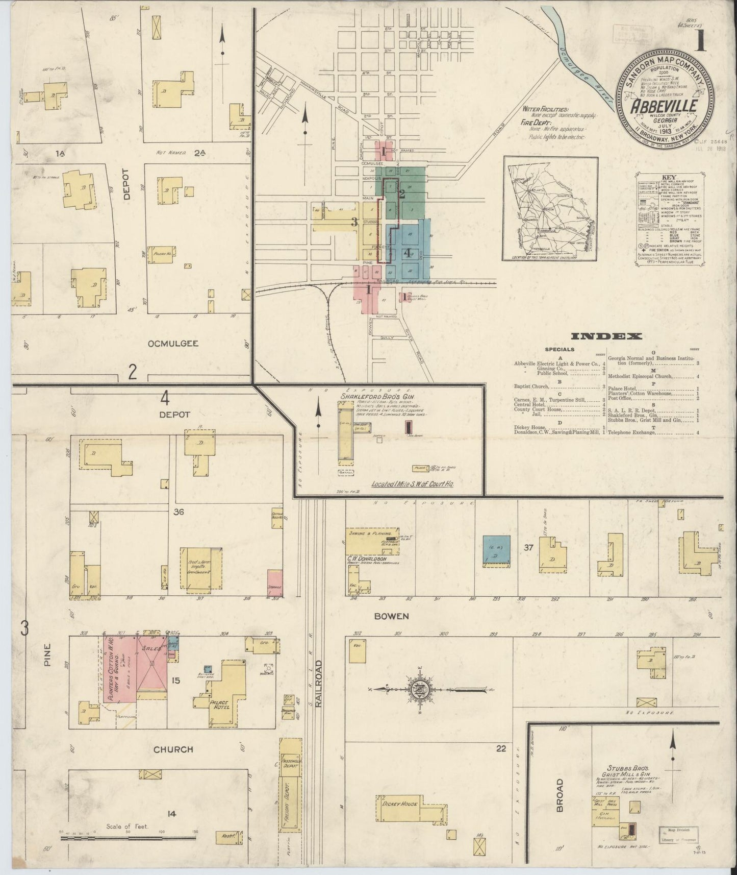 Sanborn Fire Insurance Map from Abbeville, Wilcox County, Georgia (1913), Sheet #0001 - Historic Sanborn Fire Insurance Map Print, vintage old map wall art, antique decor, genealogy gift, Georgia Georgia map
