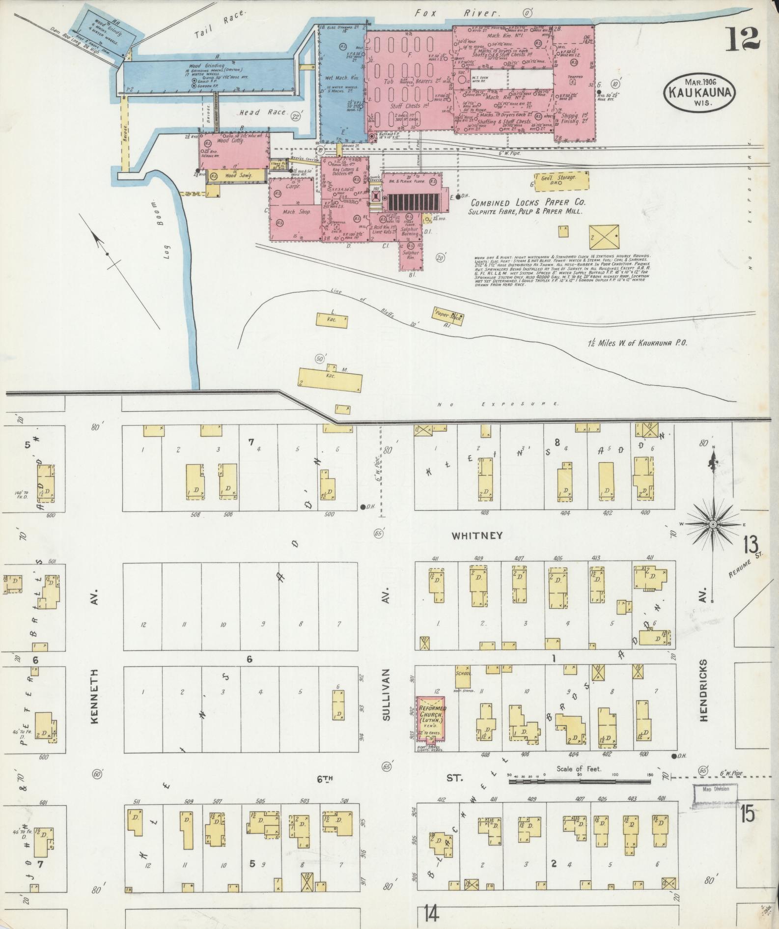 Sanborn Fire Insurance Map from Kaukauna, Outagamie County, Wisconsin (1906), Sheet #0012 - Historic Sanborn Fire Insurance Map Print, vintage old map wall art, antique decor, genealogy gift, Wisconsin Wisconsin map