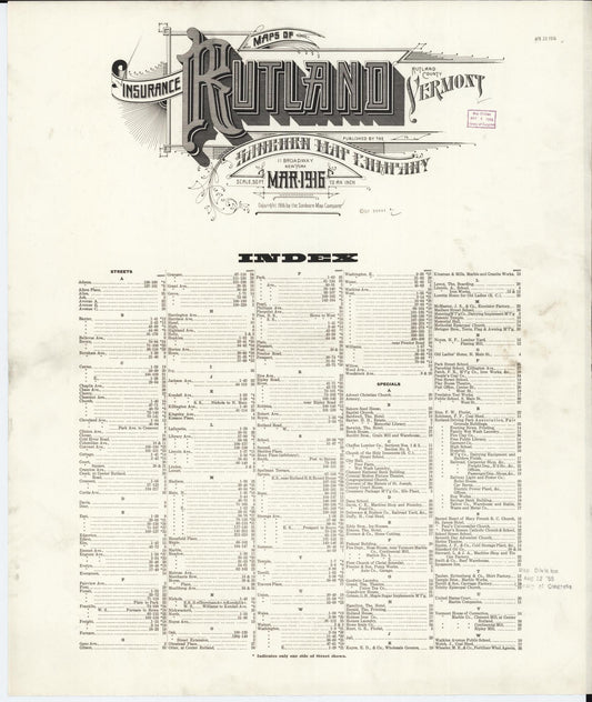 Sanborn Fire Insurance Map from Rutland, Rutland County, Vermont (1916), Sheet #0001 - Historic Sanborn Fire Insurance Map Print, vintage old map wall art, antique decor, genealogy gift, Vermont Vermont map