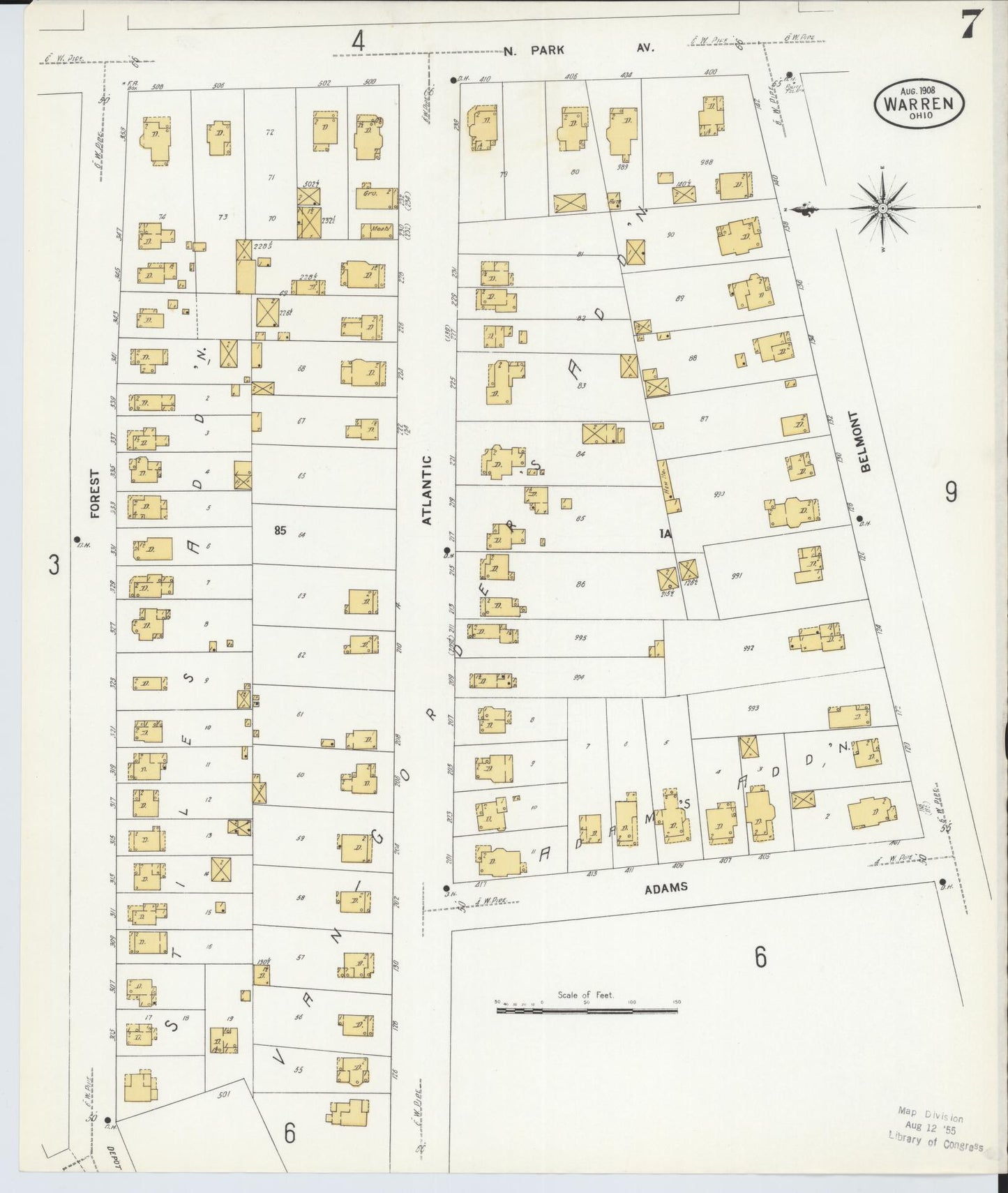 Sanborn Fire Insurance Map from Warren, Trumbull County, Ohio (1908), Sheet #0007 - Historic Sanborn Fire Insurance Map Print, vintage old map wall art, antique decor, genealogy gift, Ohio Ohio map