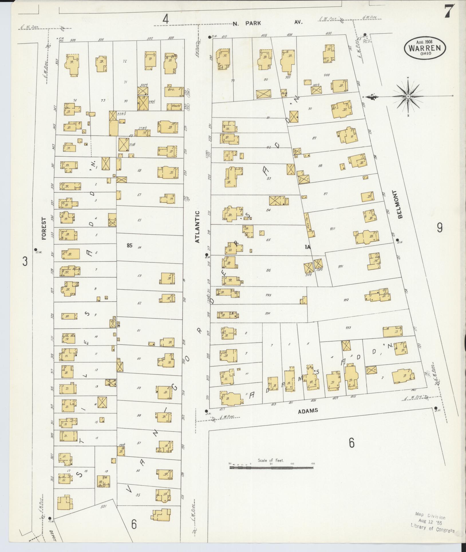 Sanborn Fire Insurance Map from Warren, Trumbull County, Ohio (1908), Sheet #0007 - Historic Sanborn Fire Insurance Map Print, vintage old map wall art, antique decor, genealogy gift, Ohio Ohio map