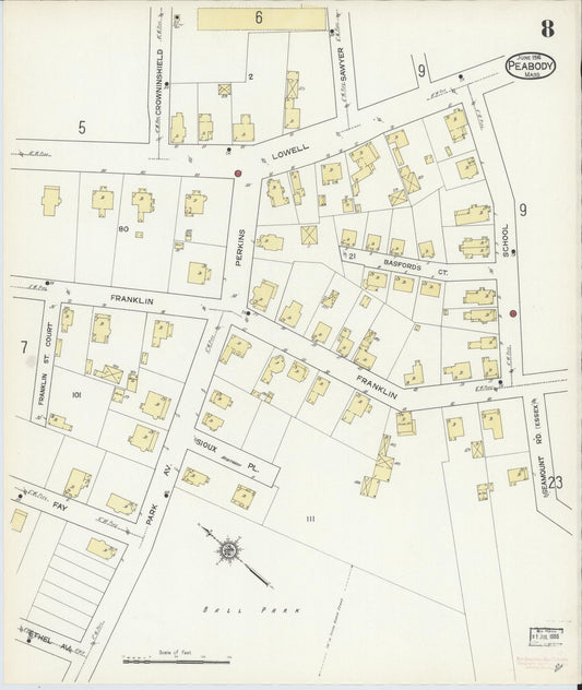Sanborn Fire Insurance Map from Peabody, Essex County, Massachusetts (1914), Sheet #0008 - Historic Sanborn Fire Insurance Map Print, vintage old map wall art, antique decor, genealogy gift, Massachusetts Massachusetts map