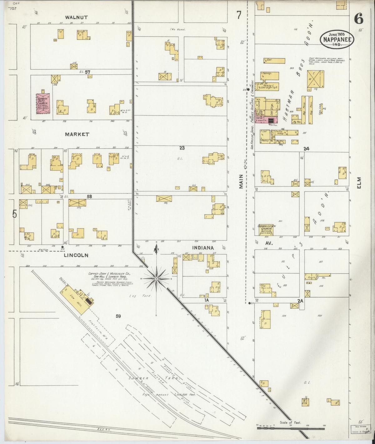 Sanborn Fire Insurance Map from Nappanee, Elkhart County, Indiana (1905), Sheet #0006 - Historic Sanborn Fire Insurance Map Print, vintage old map wall art, antique decor, genealogy gift, Indiana Indiana map