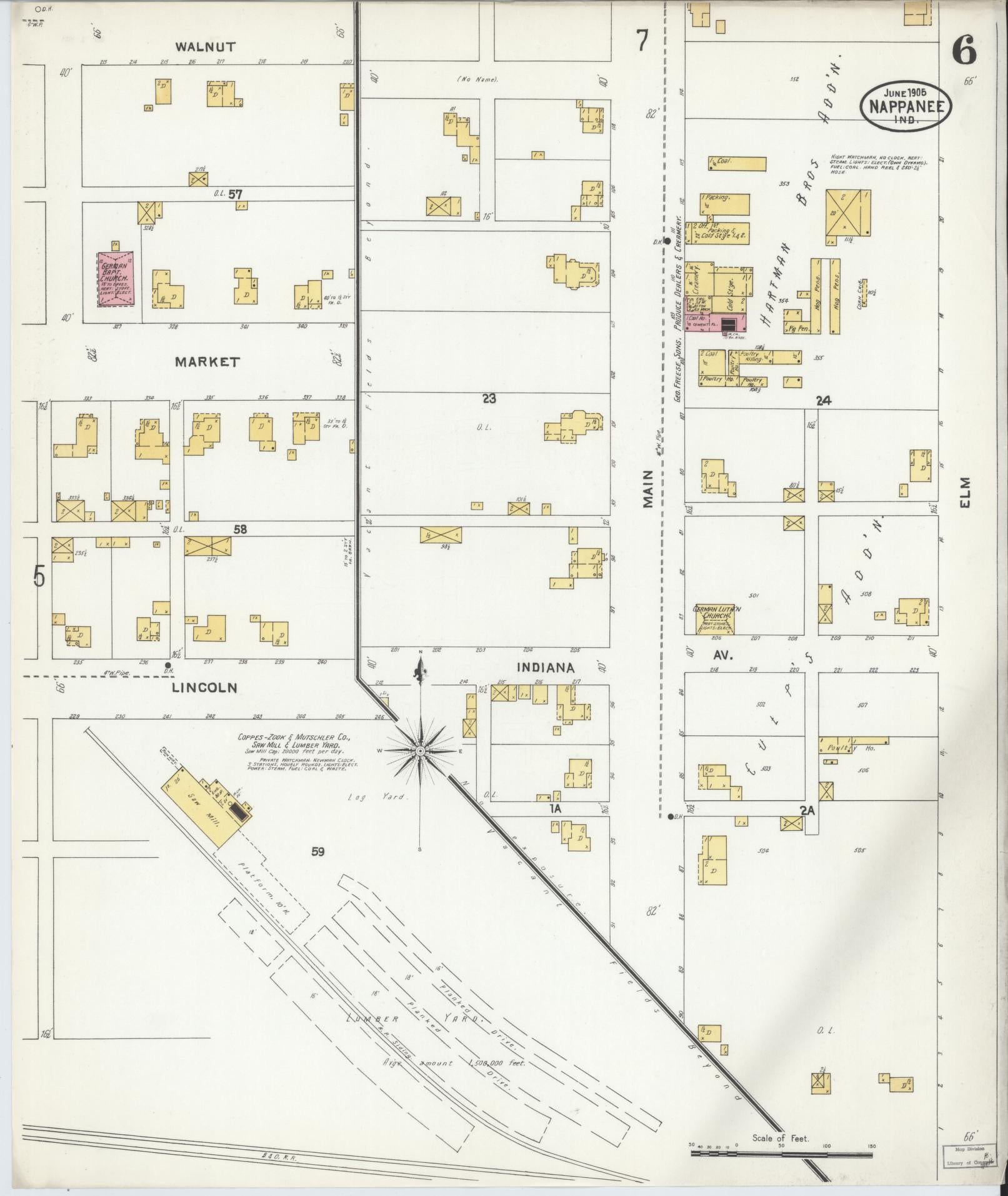 Sanborn Fire Insurance Map from Nappanee, Elkhart County, Indiana (1905), Sheet #0006 - Historic Sanborn Fire Insurance Map Print, vintage old map wall art, antique decor, genealogy gift, Indiana Indiana map