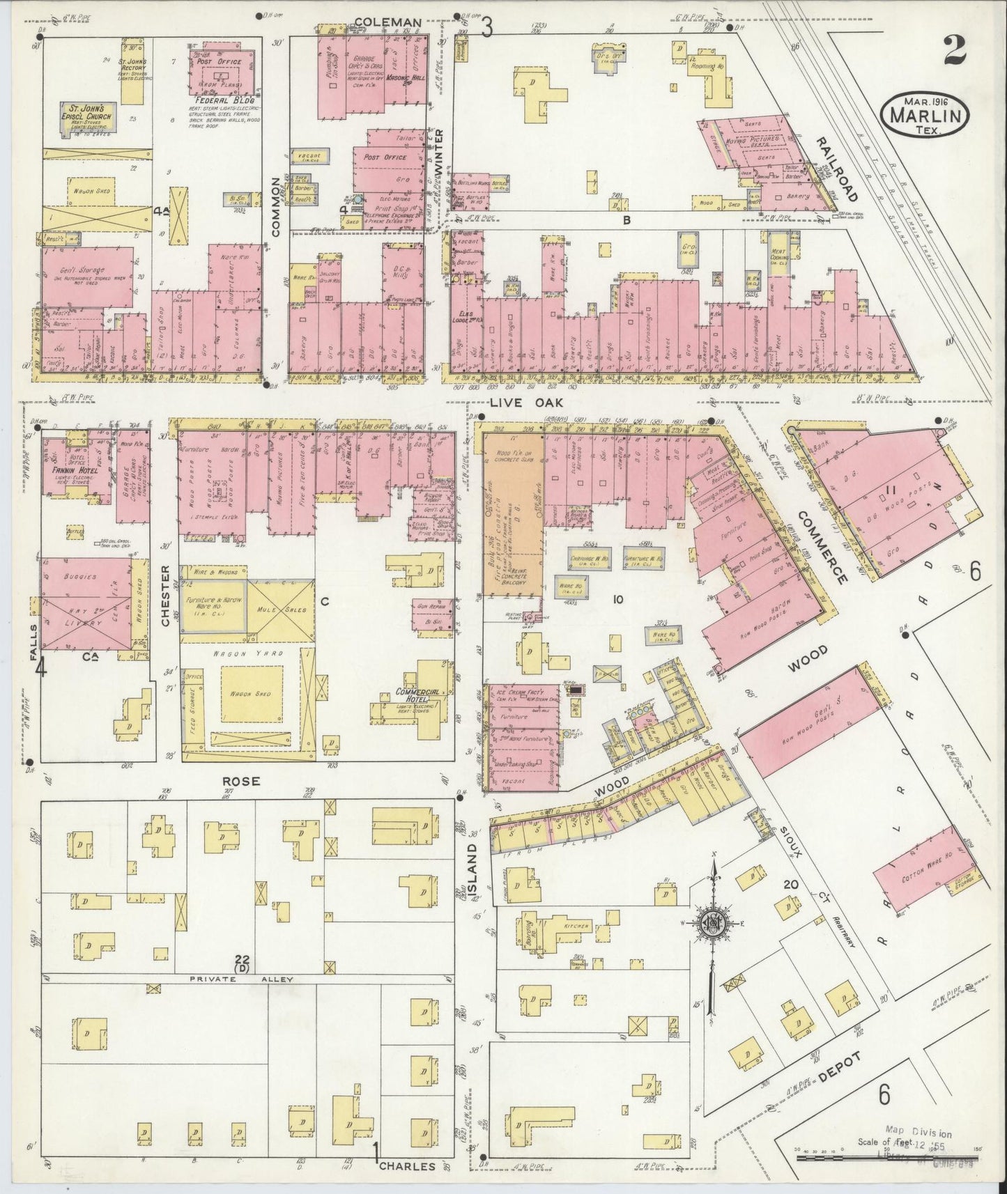 Sanborn Fire Insurance Map from Marlin, Falls County, Texas (1916), Sheet #0002 - Historic Sanborn Fire Insurance Map Print, vintage old map wall art, antique decor, genealogy gift, Texas Texas map