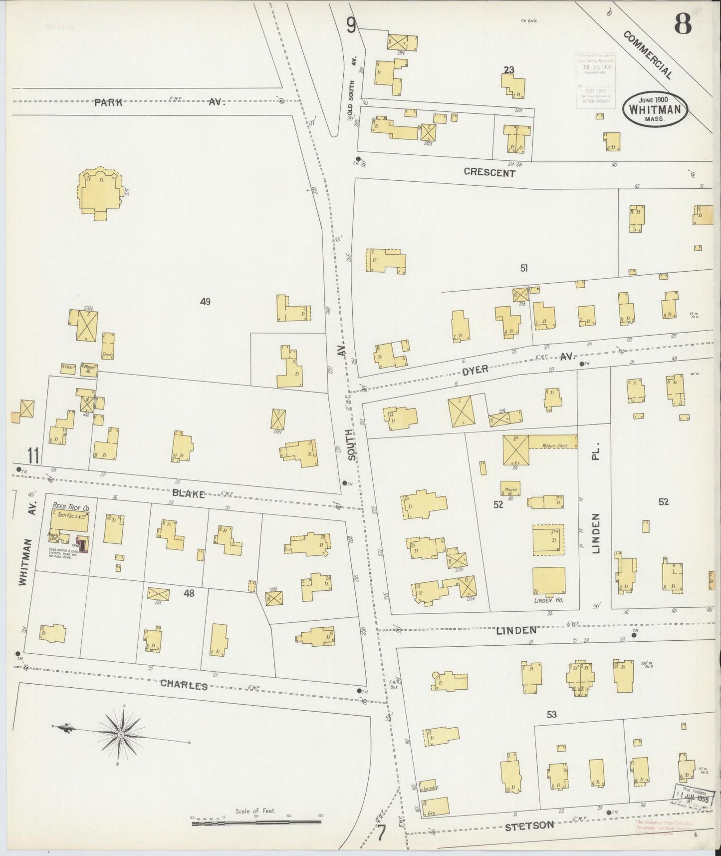 Sanborn Fire Insurance Map from Whitman, Plymouth County, Massachusetts (1900), Sheet #0008 - Historic Sanborn Fire Insurance Map Print, vintage old map wall art, antique decor, genealogy gift, Massachusetts Massachusetts map