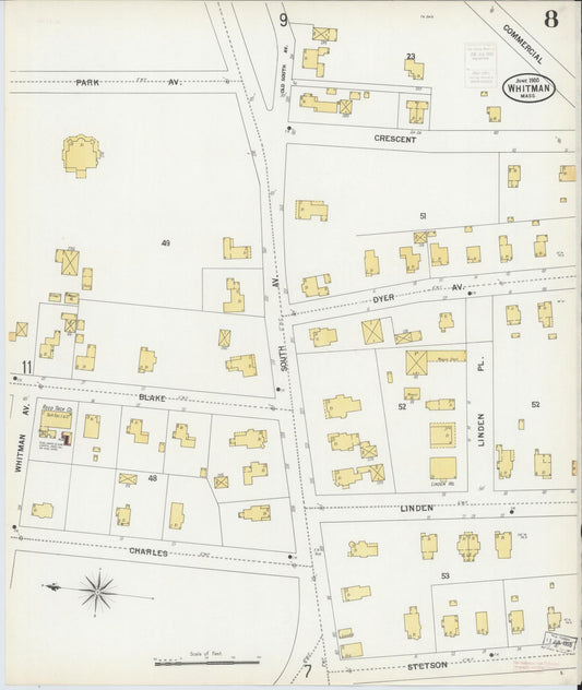 Sanborn Fire Insurance Map from Whitman, Plymouth County, Massachusetts (1900), Sheet #0008 - Historic Sanborn Fire Insurance Map Print, vintage old map wall art, antique decor, genealogy gift, Massachusetts Massachusetts map