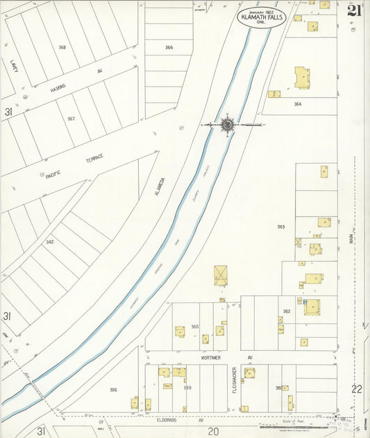 Sanborn Fire Insurance Map from Klamath Falls, Klamath County, Oregon (1921), Sheet #0021 - Historic Sanborn Fire Insurance Map Print, vintage old map wall art, antique decor, genealogy gift, Oregon Oregon map