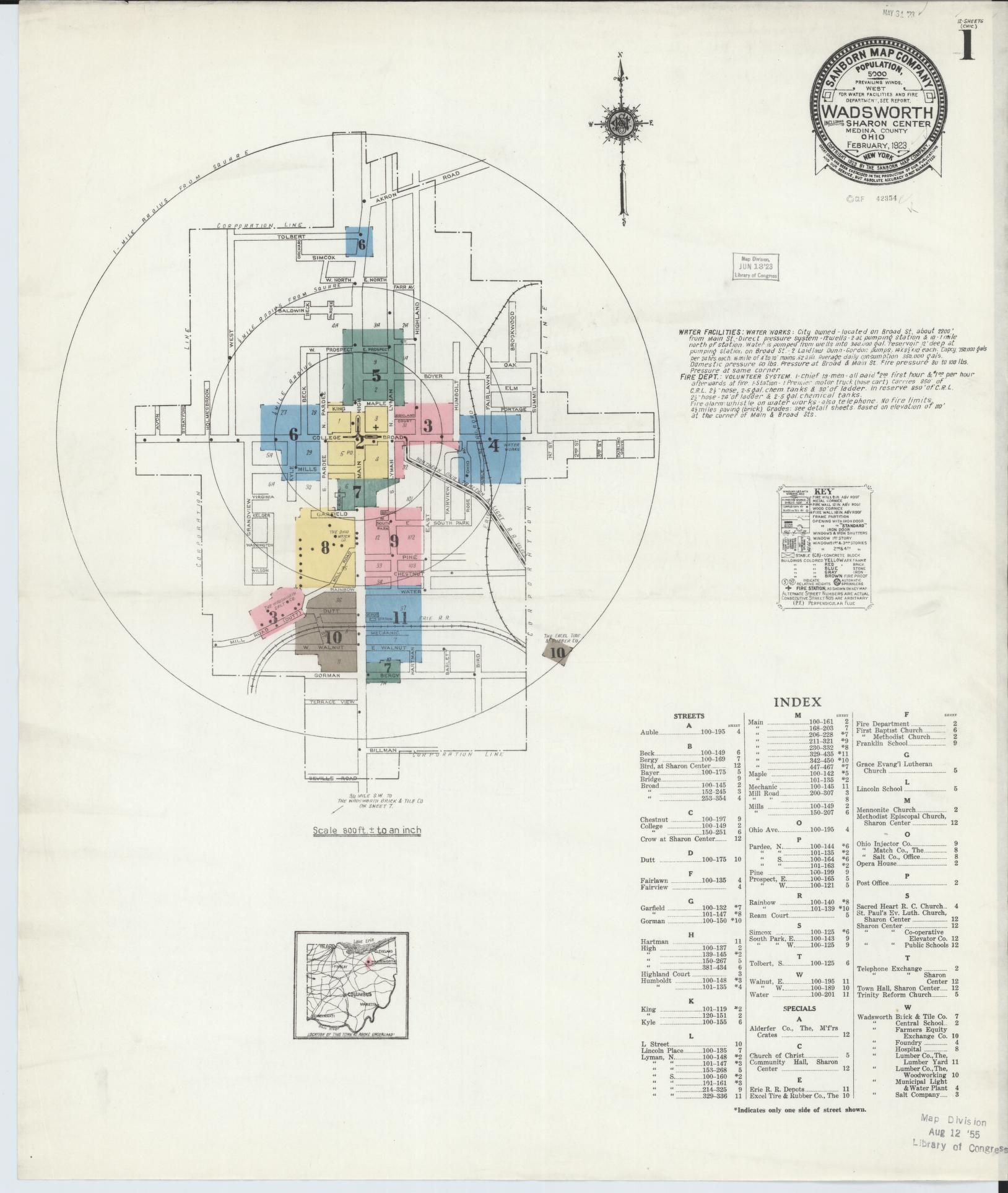 Sanborn Fire Insurance Map from Wadsworth, Medina County, Ohio (1923), Sheet #0001 - Complete Map Set gallery image, historic Sanborn map, vintage wall art, Ohio Ohio