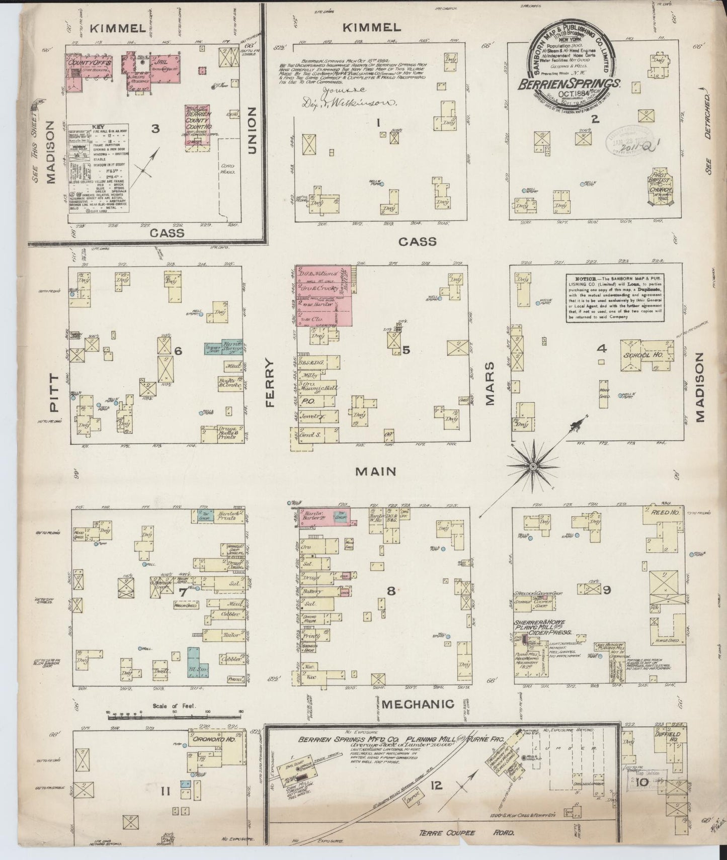 Sanborn Fire Insurance Map from Berrien Springs, Berrien County, Michigan (1884), Sheet #0001 - Historic Sanborn Fire Insurance Map Print, vintage old map wall art, antique decor, genealogy gift, Michigan Michigan map