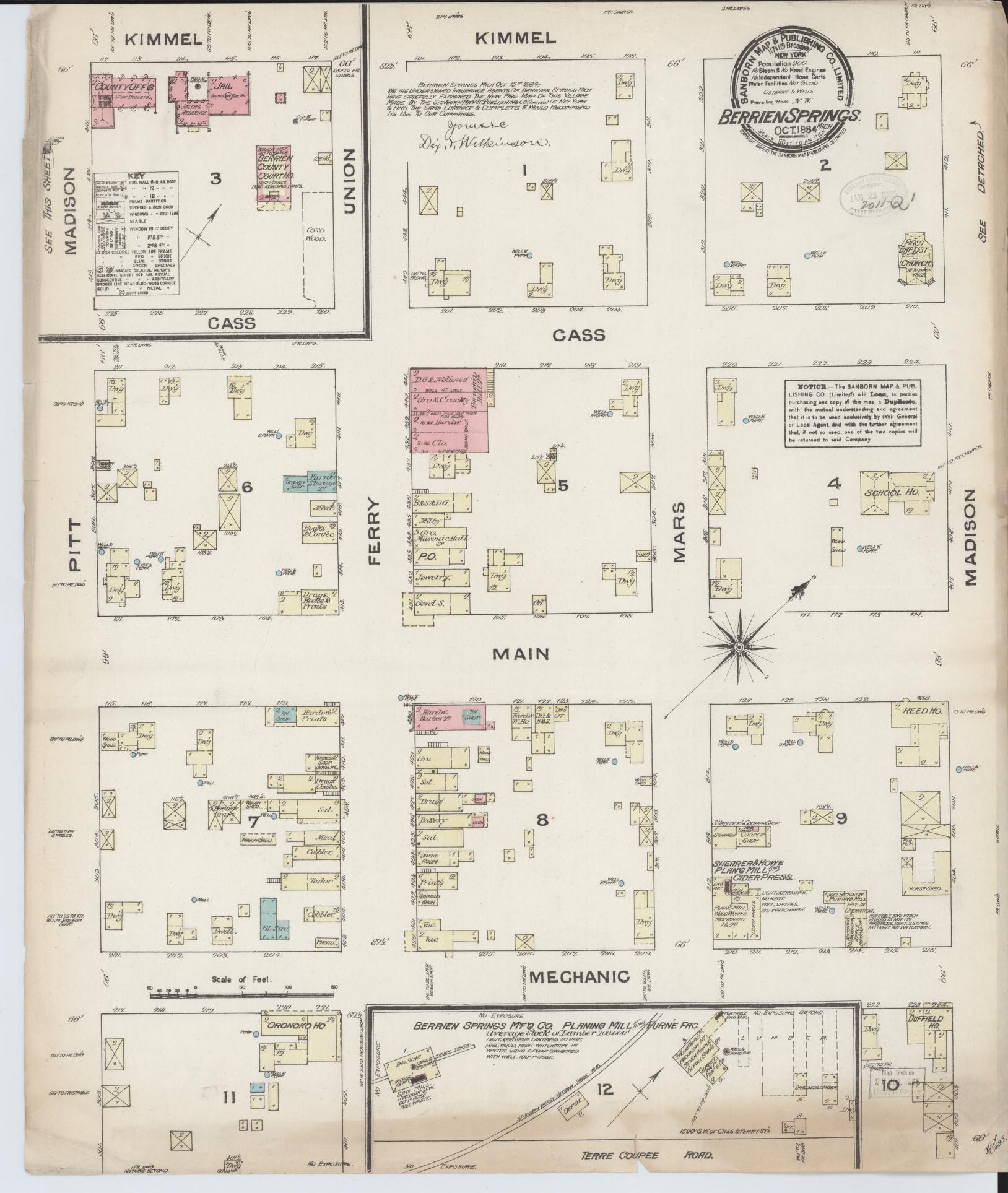 Sanborn Fire Insurance Map from Berrien Springs, Berrien County, Michigan (1884), Sheet #0001 - Historic Sanborn Fire Insurance Map Print, vintage old map wall art, antique decor, genealogy gift, Michigan Michigan map