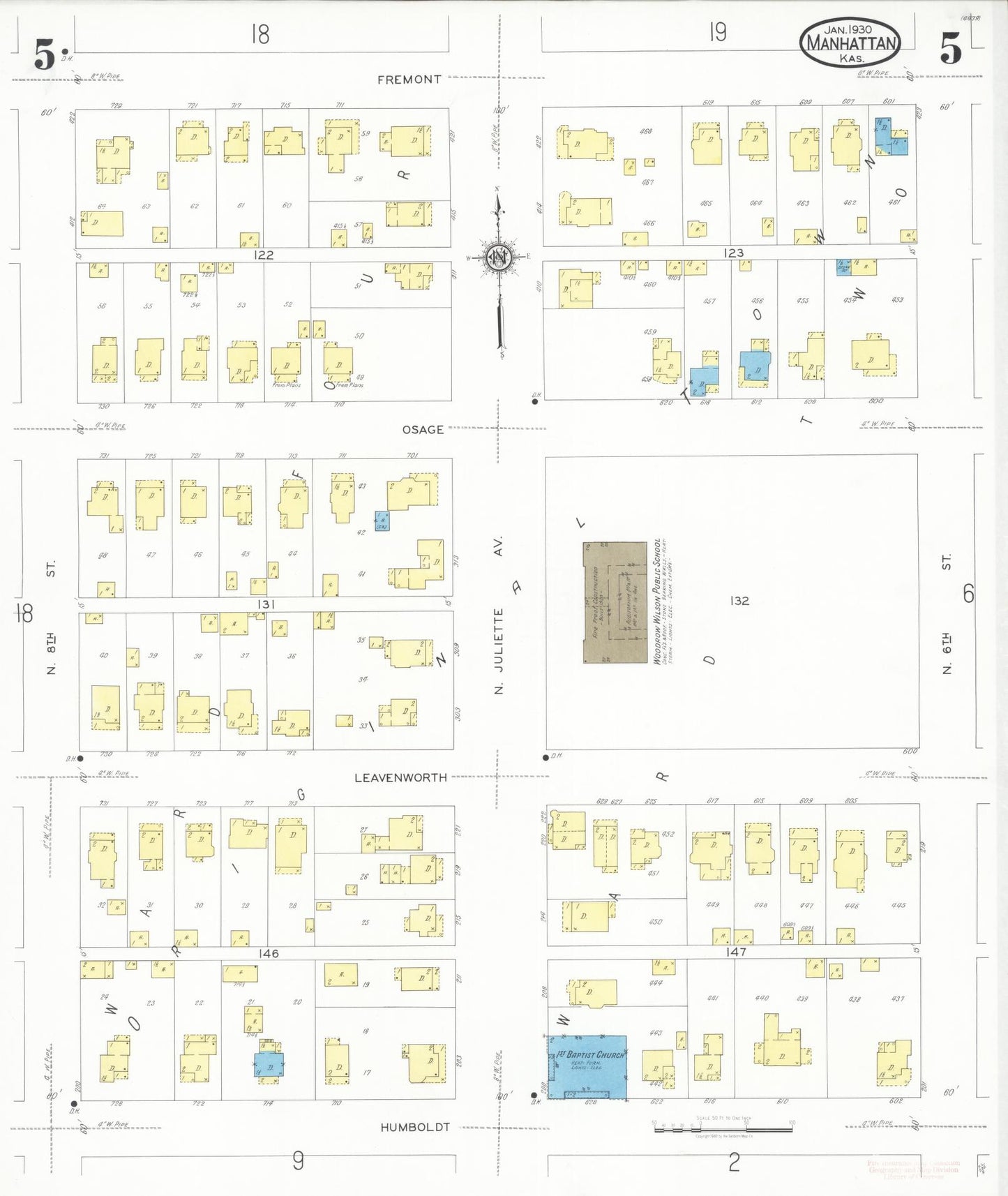 Sanborn Fire Insurance Map from Manhattan, Riley County, Kansas (1930), Sheet #0005 - Historic Sanborn Fire Insurance Map Print, vintage old map wall art, antique decor, genealogy gift, Kansas Kansas map