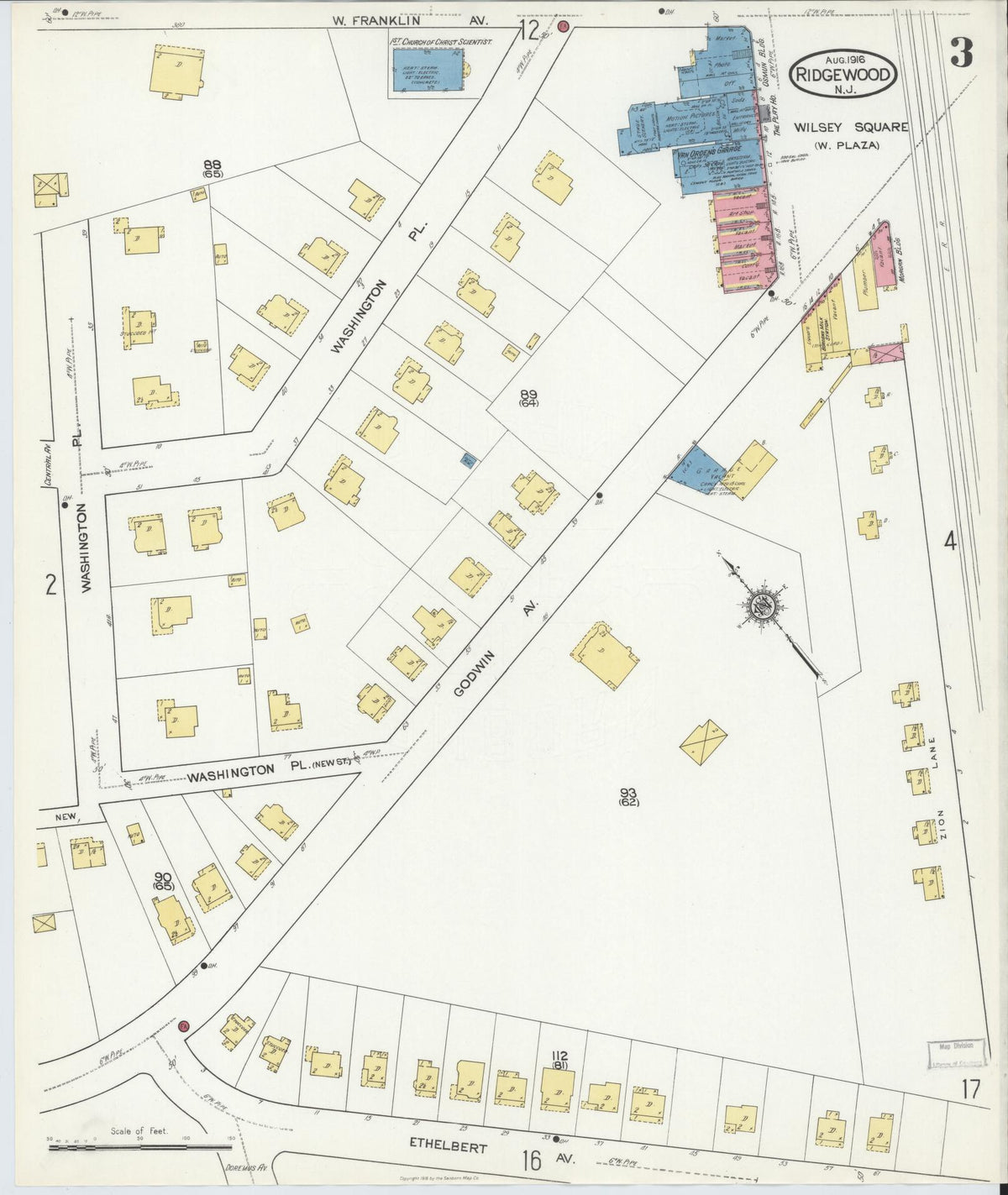 Sanborn Fire Insurance Map from Ridgewood, Bergen County, New Jersey (1916), Sheet #0003 - Complete Map Set gallery image, historic Sanborn map, vintage wall art, New Jersey New Jersey