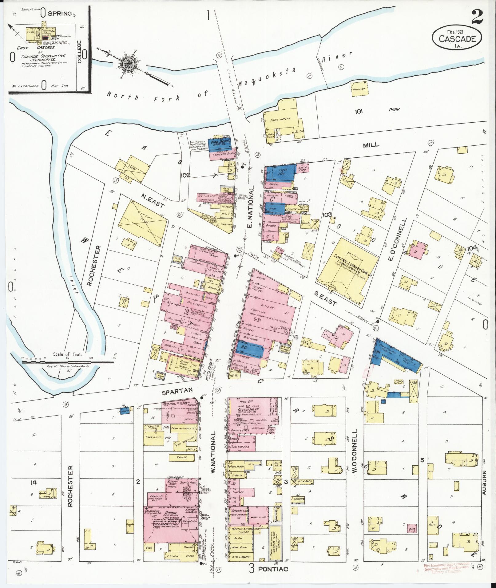 Sanborn Fire Insurance Map from Cascade, Dubuque and Jones Counties, Iowa (1921), Sheet #0002 - Historic Sanborn Fire Insurance Map Print, vintage old map wall art