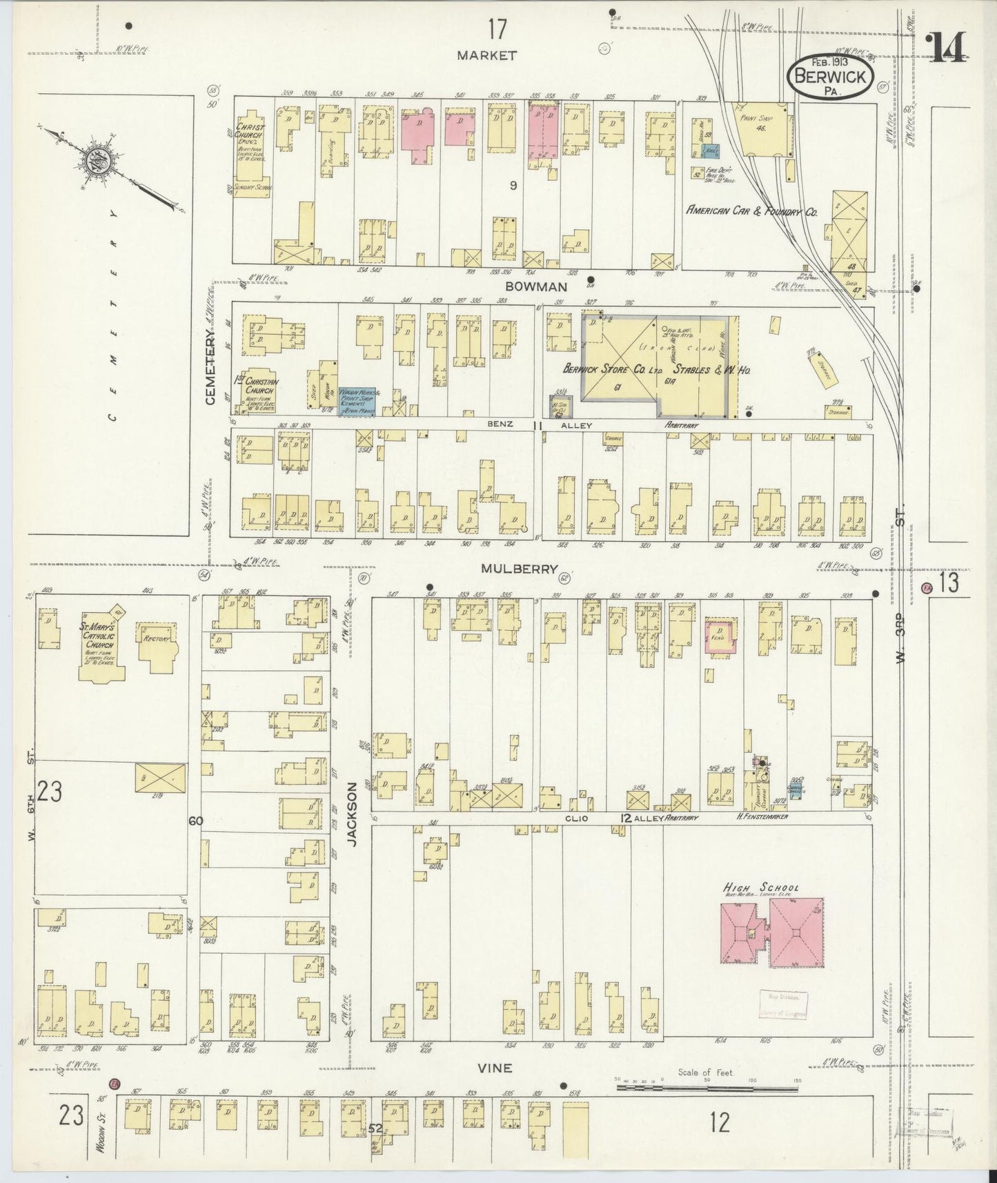 Sanborn Fire Insurance Map from Berwick, Columbia County, Pennsylvania (1913), Sheet #0014 - Historic Sanborn Fire Insurance Map Print, vintage old map wall art, antique decor, genealogy gift, Pennsylvania Pennsylvania map