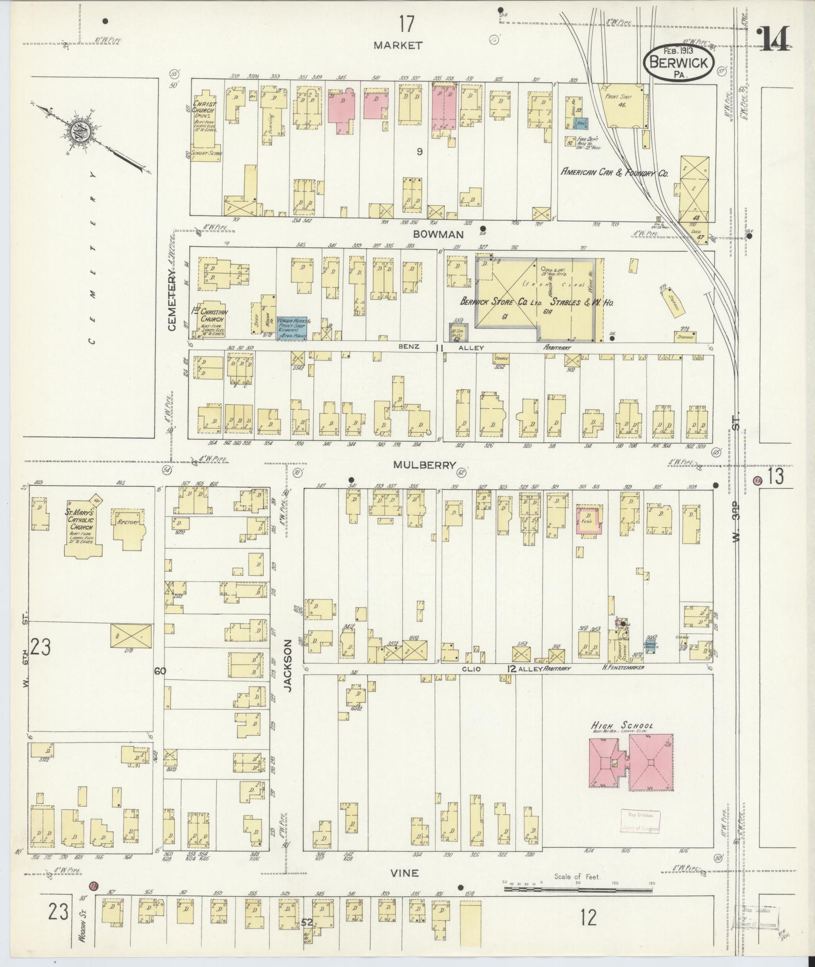 Sanborn Fire Insurance Map from Berwick, Columbia County, Pennsylvania (1913), Sheet #0014 - Historic Sanborn Fire Insurance Map Print, vintage old map wall art, antique decor, genealogy gift, Pennsylvania Pennsylvania map