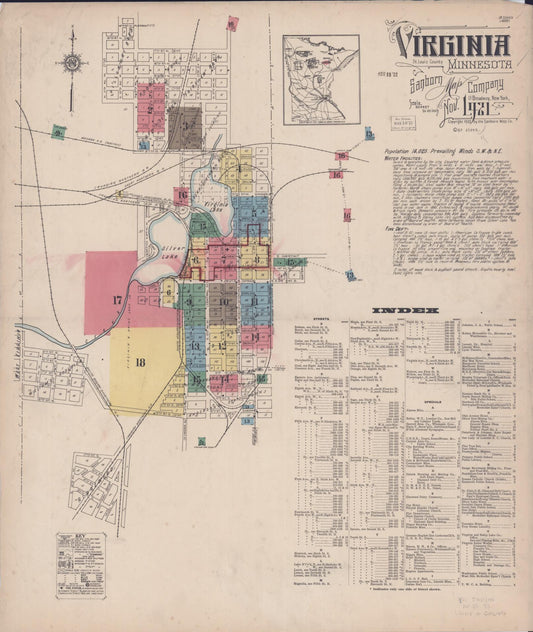 Sanborn Fire Insurance Map from Virginia, Saint Louis County, Minnesota (1921), Sheet #0001 - Historic Sanborn Fire Insurance Map Print, vintage old map wall art, antique decor, genealogy gift, Minnesota Minnesota map