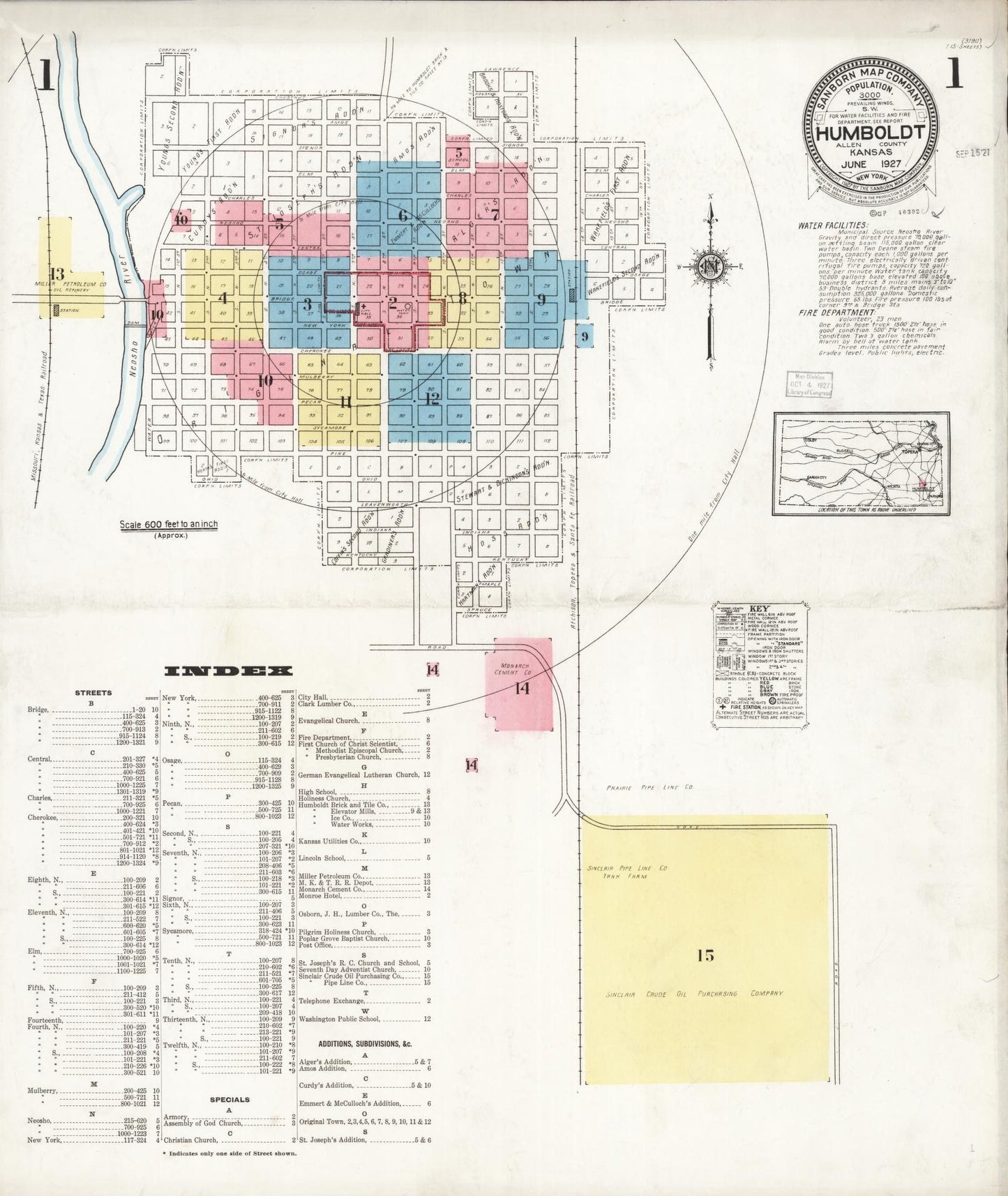 Sanborn Fire Insurance Map from Humboldt, Allen County, Kansas (1927), Sheet #0001 - Historic Sanborn Fire Insurance Map Print, vintage old map wall art, antique decor, genealogy gift, Kansas Kansas map